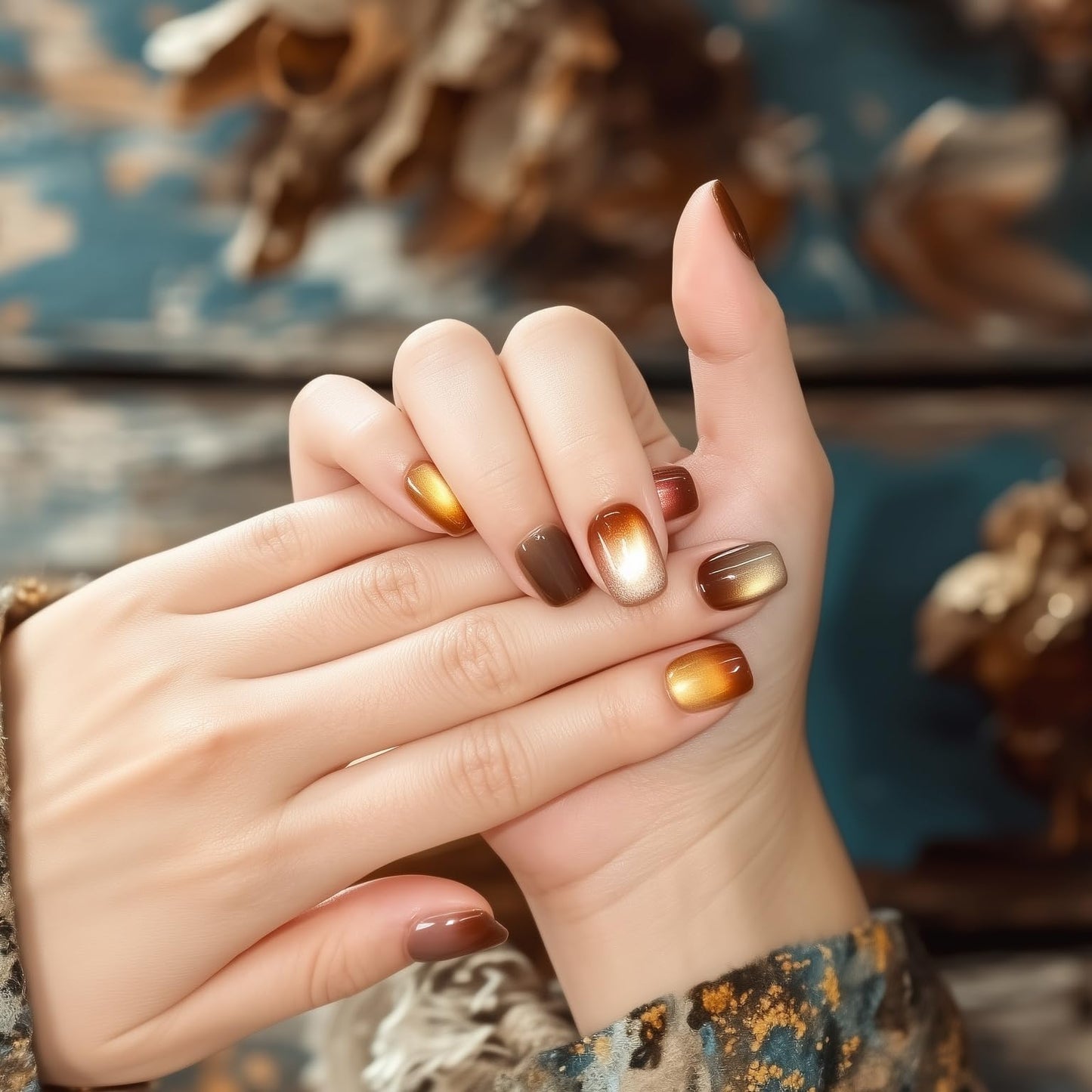 Fine Point Velvet Macchiato Press-On Nails, Short Squoval Glassy Velvet Cat Eye Chrome Ombre Handmade Reusable Nails, Color Blended Mauve Gold Silver Brown Metallic Neutral 10 PCS (Size Medium)