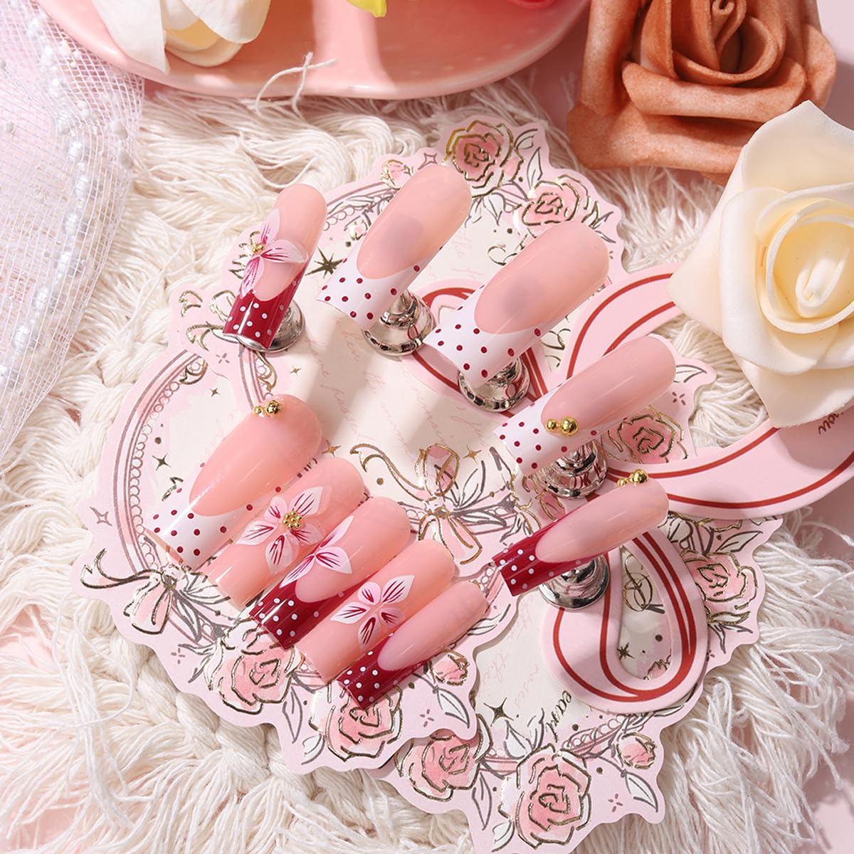 Polka Dot Press on Nails French Tip Fake Nails Long Square Nails Press ons with Flower & 3D Gold Pearl Design Glossy Nude Pink Nail Full Cover Acrylic Glue on Nails for Women Manicure 24Pcs