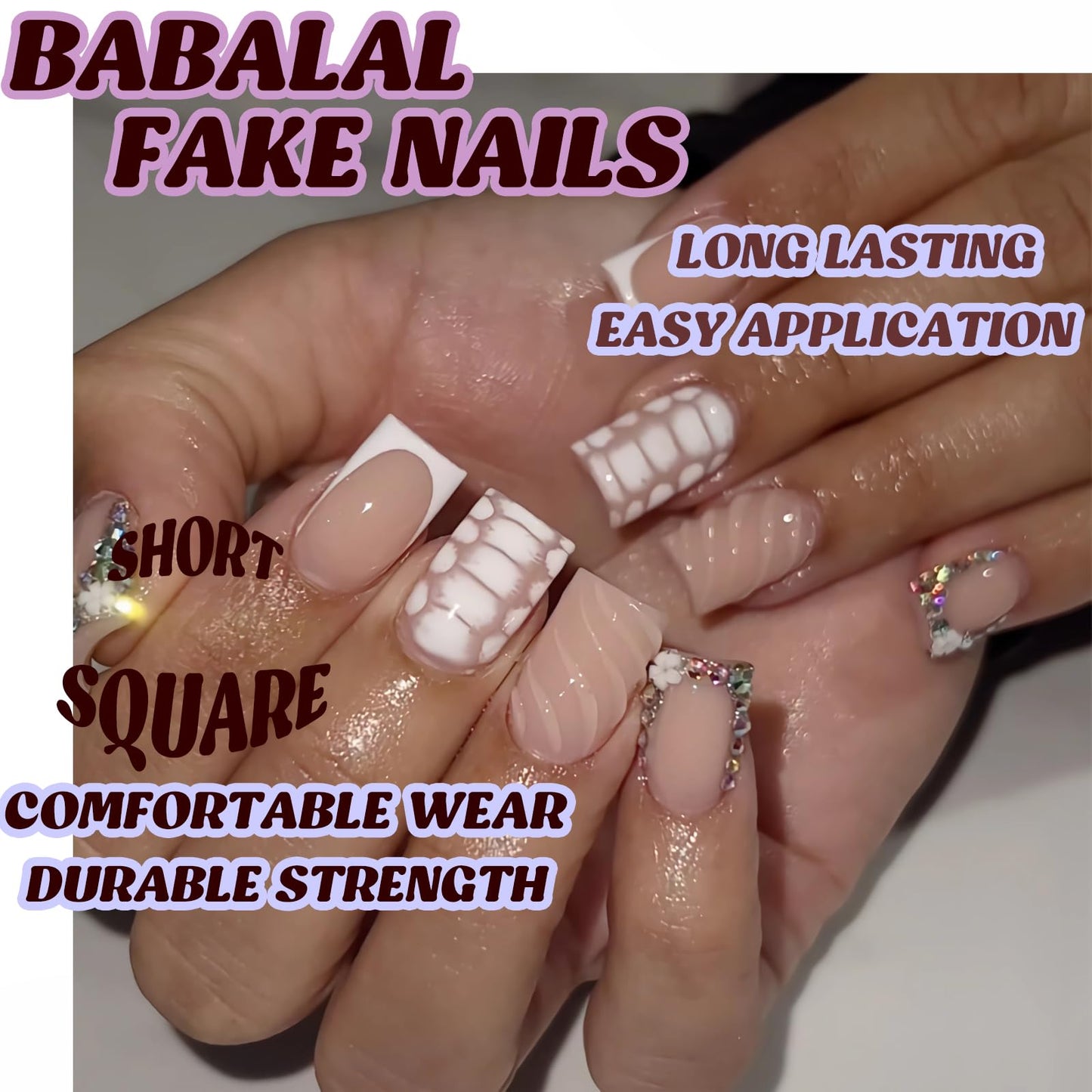 BABALAL Acrylic Press on Nails Short Square Fake Nails with Glue White French Tip 3D Texture Handmade Design False Nails Supplies with Charm Bling Press-ons 24Pcs Squoval for Women Girls