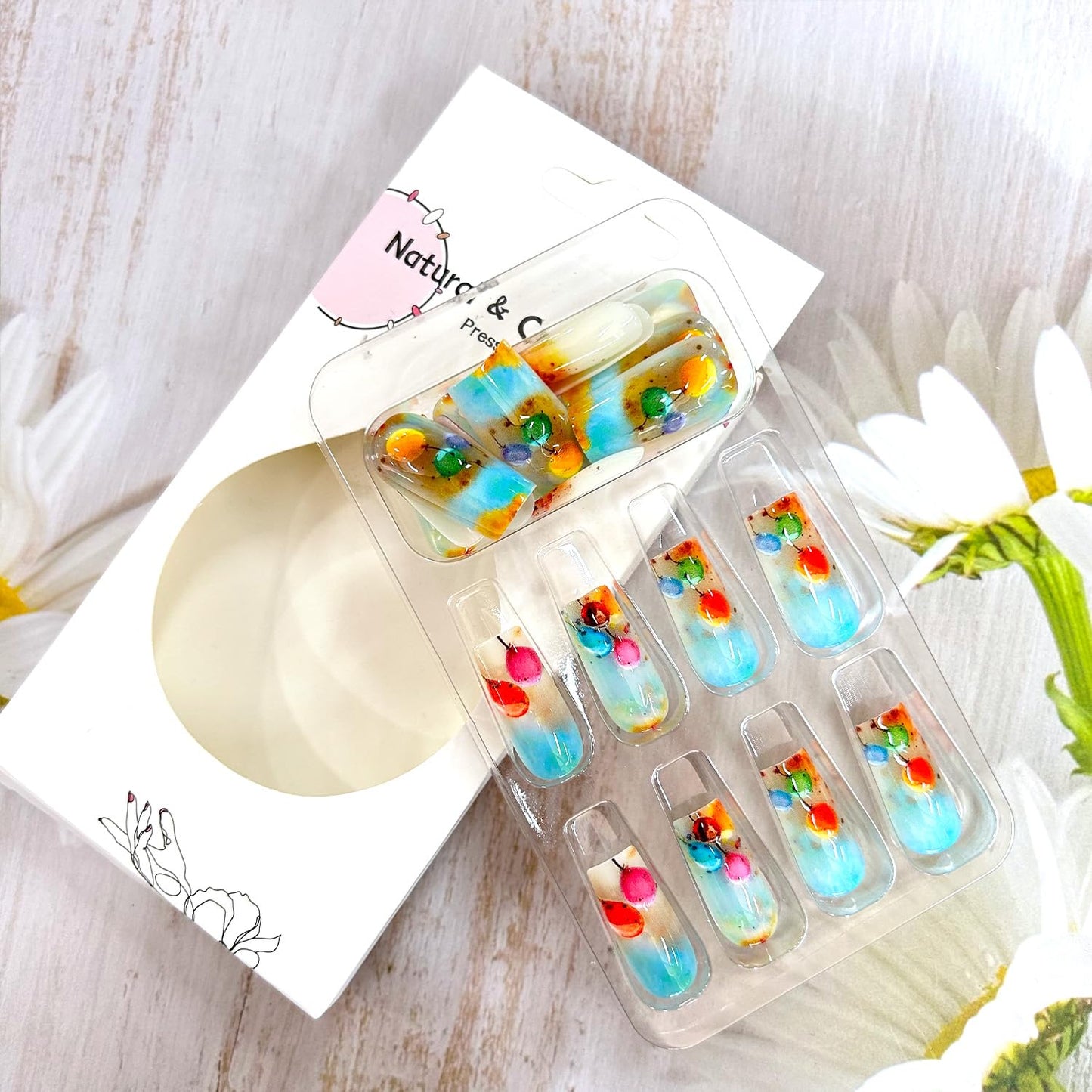 LOPMNGHT Colorful Ballon Press on Nails Medium Length Gradient French Stick on Nail Press Ons with Design Full Cover Artificial False Nail Glossy Reusable Acrylic Manicure Glue on Nails for Women