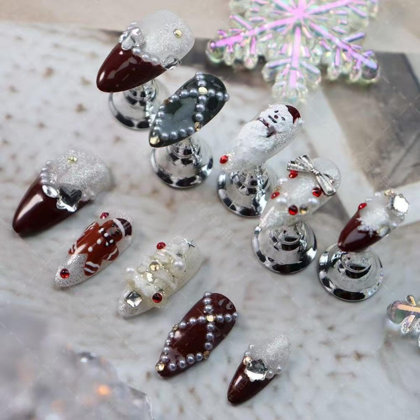100% Handmade Press on Nails Christmas Press on Nails Medium Almond Shape Dark Red French Tips Snowman Design Rhinestones Christmas Tree Gingerbread Man Wintner Xmas Nails for Women Size L