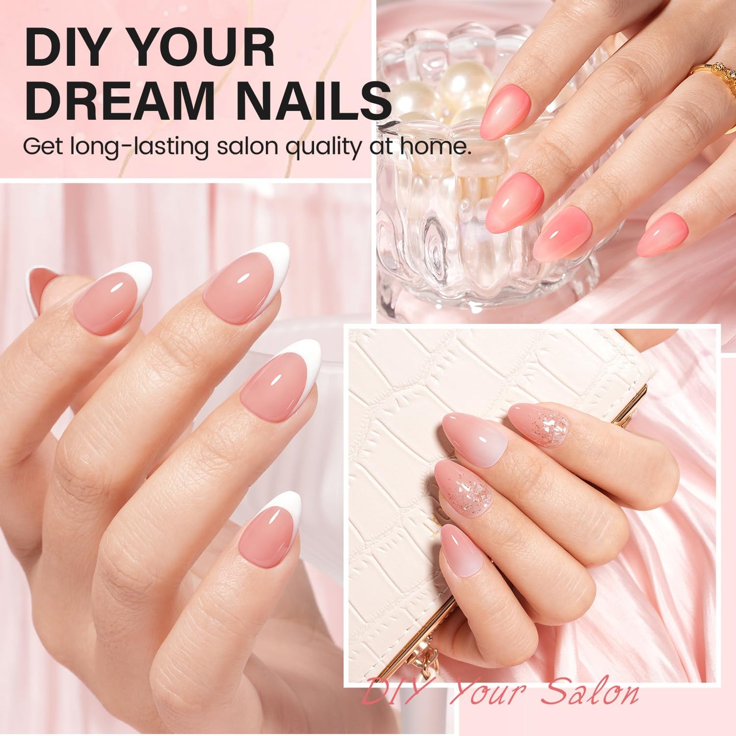AILLSA Nail Extension Kit Short Almond Nail Tips 240pcs with 2 In 1 Nail Glue Base Coat and Nail Dehydrator, Gel Nail Tips Kit with Nail Lamp Top Coat for Starters Home Salon