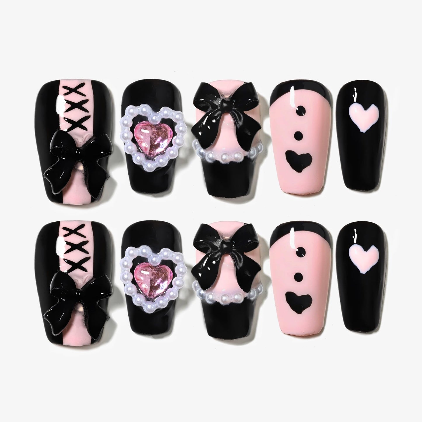 Sun&Beam Nails Handmade Press-on Square Round Trapezoid Nail Design False Nail Tips Pink and Black with Ribbon Stylish 10 Pcs Set (#149 M)