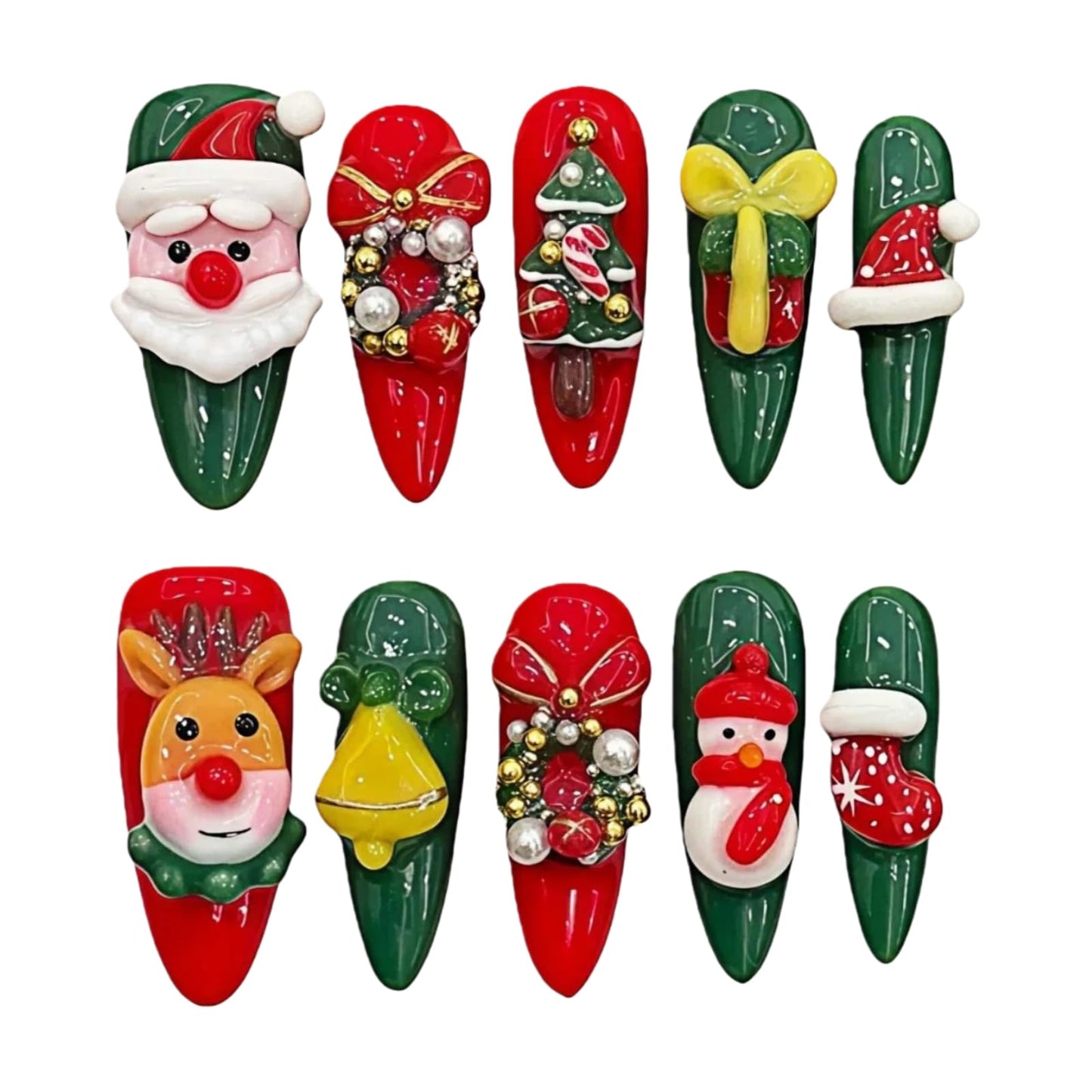 Tesytto Handmade Press on Nails Long Oval - Red & Green 3D Cartoon Character Design, Luxury Glitter Fake Nails with Cute Star & Pearl Charms, Salon Quality Reusable Nails (Holiday Carnival,S)