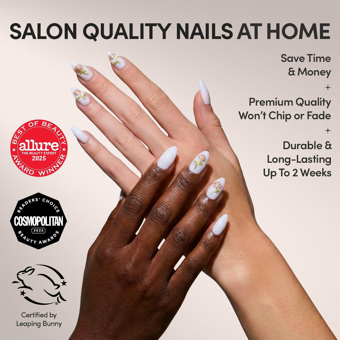 Glamnetic Press On Nails - Floral Glow Spring Nails | Short Almond Fake Nails in Milky White Base with 3D Rose Designs in a Glossy Finish, Salon Quality | 15 Sizes - 30 Nail Kit with Glue