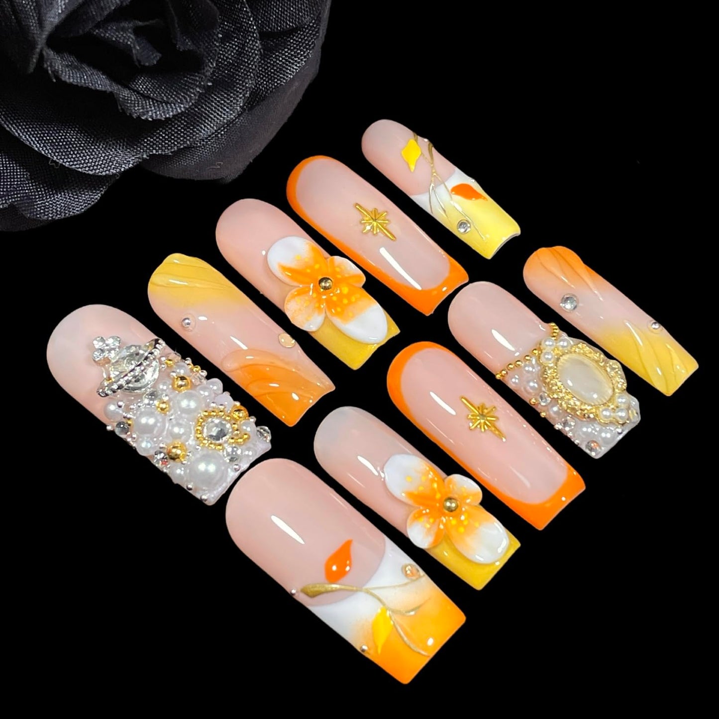 Handmade Press On Nails Medium/Long Square – Orange & Yellow 3D Floral Design with Diamonds, Pearl Chains & Retro Accents | Reusable Acrylic False Nails Gift for Women & Girls (S size)