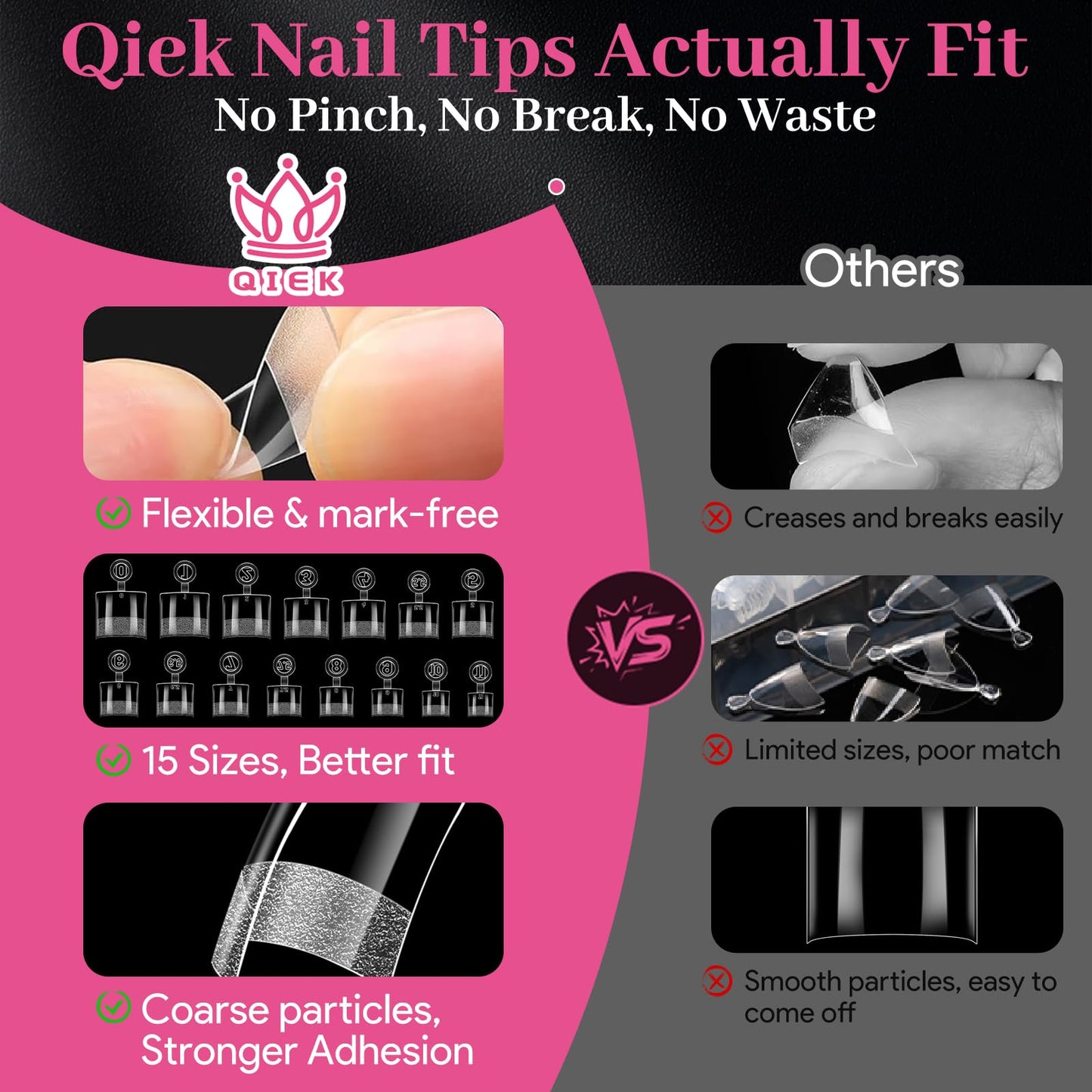 Qiek 510pcs Short Square Half Cover Nail Tips, No-File Pre-Buffed Clear Acrylic Press On Tips 15 Sizes with Half Sizes, 0.1mm Thin Back No C Curve for DIY Nail Extensions & Home Salon Beginners