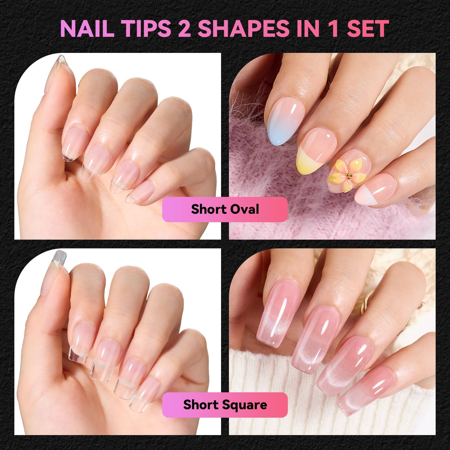 Makartt 420Pcs Short Oval & Square Nail Tips: 2 Shapes Clear Full Cover Fake Nails with 15 Sizes, Pre-Etched Inside Soft Gel Nail Tips for DIY Press On Nails, Short Nail Extensions DIY at Home