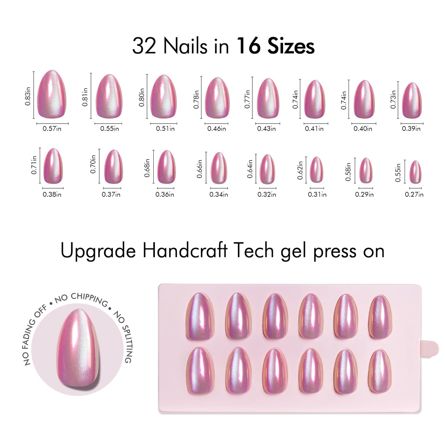 VSALON Press on Nails Short Almond - Pink Cat Eye Chrome Fake Nails Kit for Women, Spring Reusable Aurora Effect Opaque Holographic Summer Glue on Nails - 32 PCS Stick On Nails in 16 Sizes