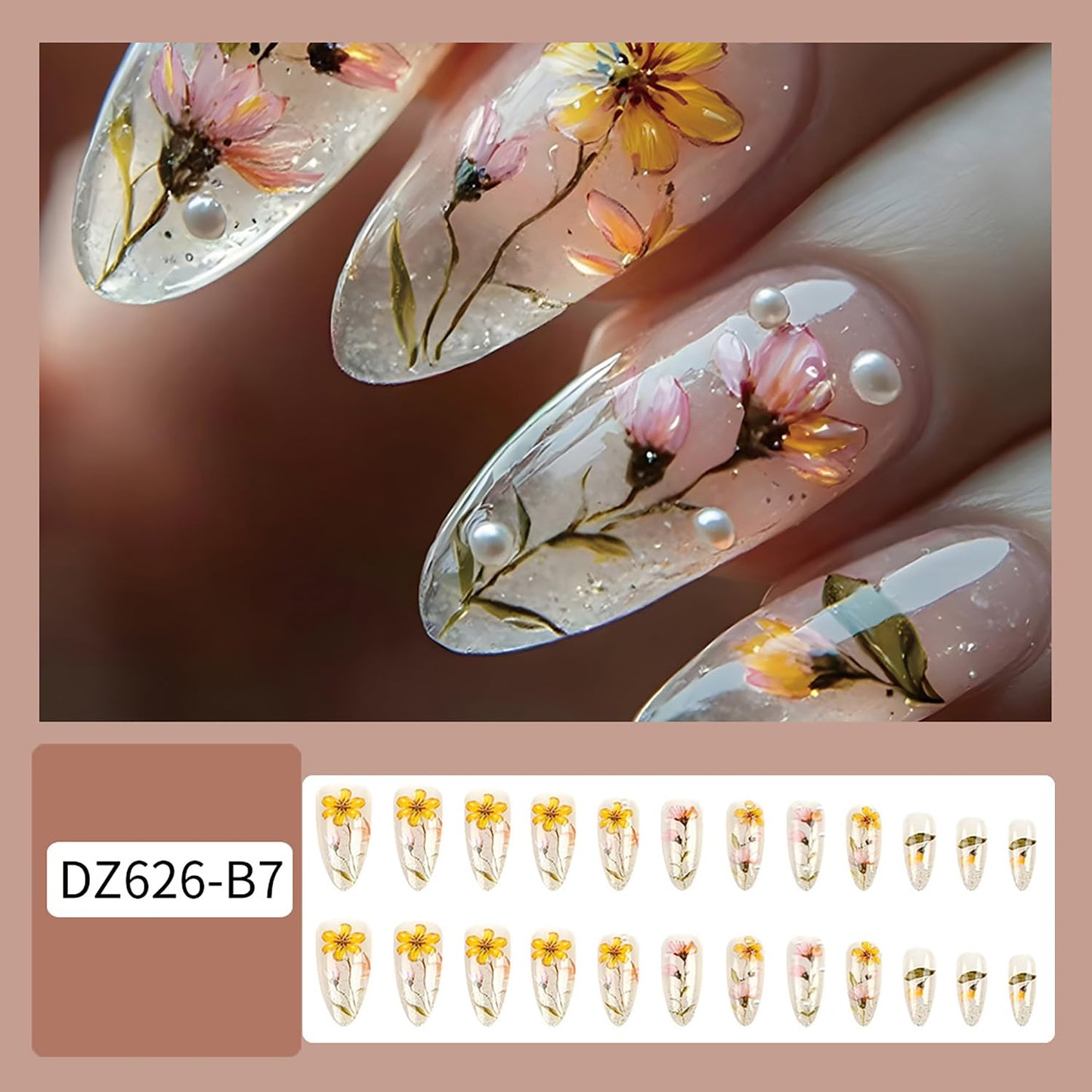 TBRZTR 24Pcs Flower Press on Nails Medium Length Floral Glitter Powder Design Almond Tip False Nails Pearl Stick on Nail Full Cover Artificial Fingernails Glossy Reusable Glue on Nails for Women
