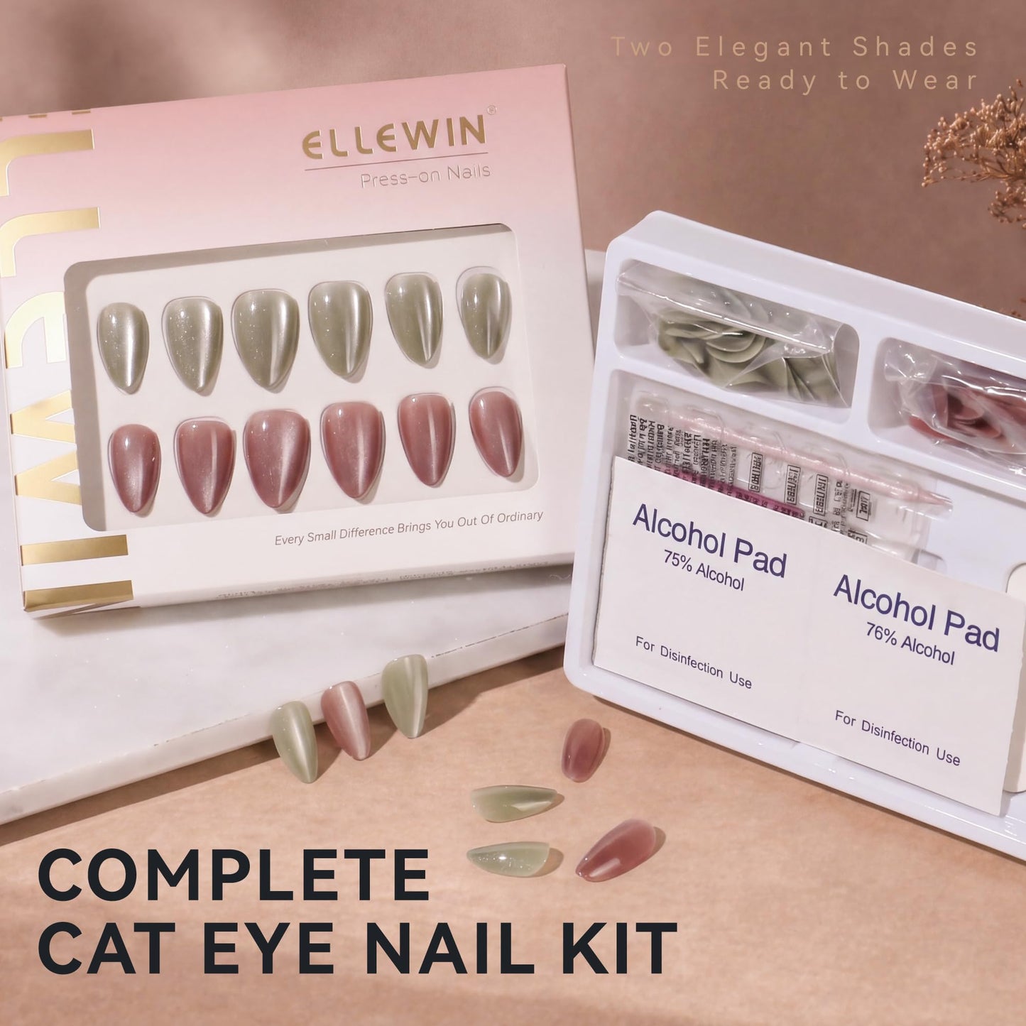 ELLEWIN 60 Pcs Cat Eye Press on Nails Medium Almond - Grass Green & Pink, 15 Sizes Acrylic Glossy Glitter Stick on Nails Set with Glue, Remover & Accessories for Women