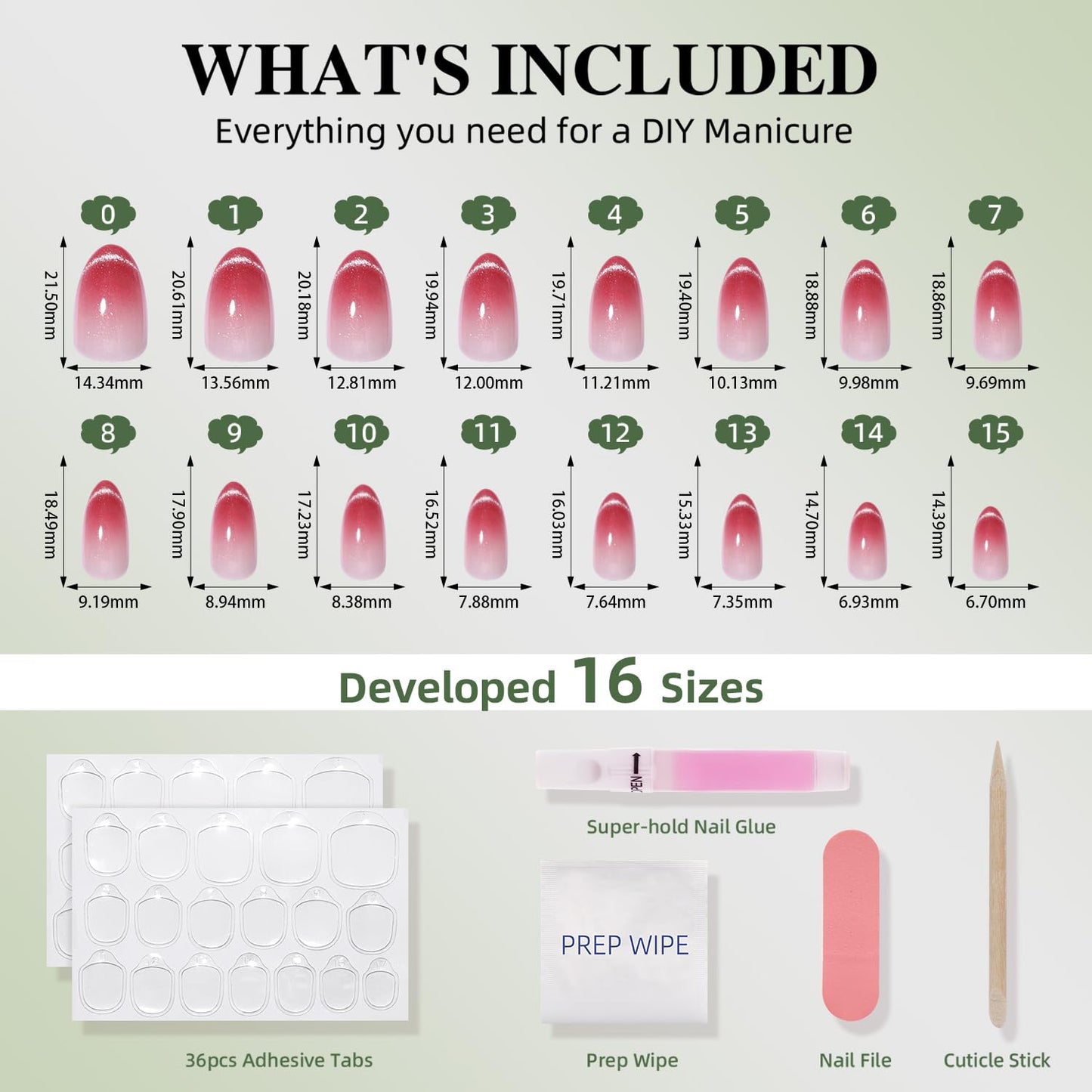 Ombre Red Cat Eye French Tip Press On Nails Almond - Pink Short Almond Fake Nails, Ombre Cateye Press On Nails Reusable Stick On Nails in 16 Sizes, 32pcs False Nail Kit for Women & Girls(Rosé)