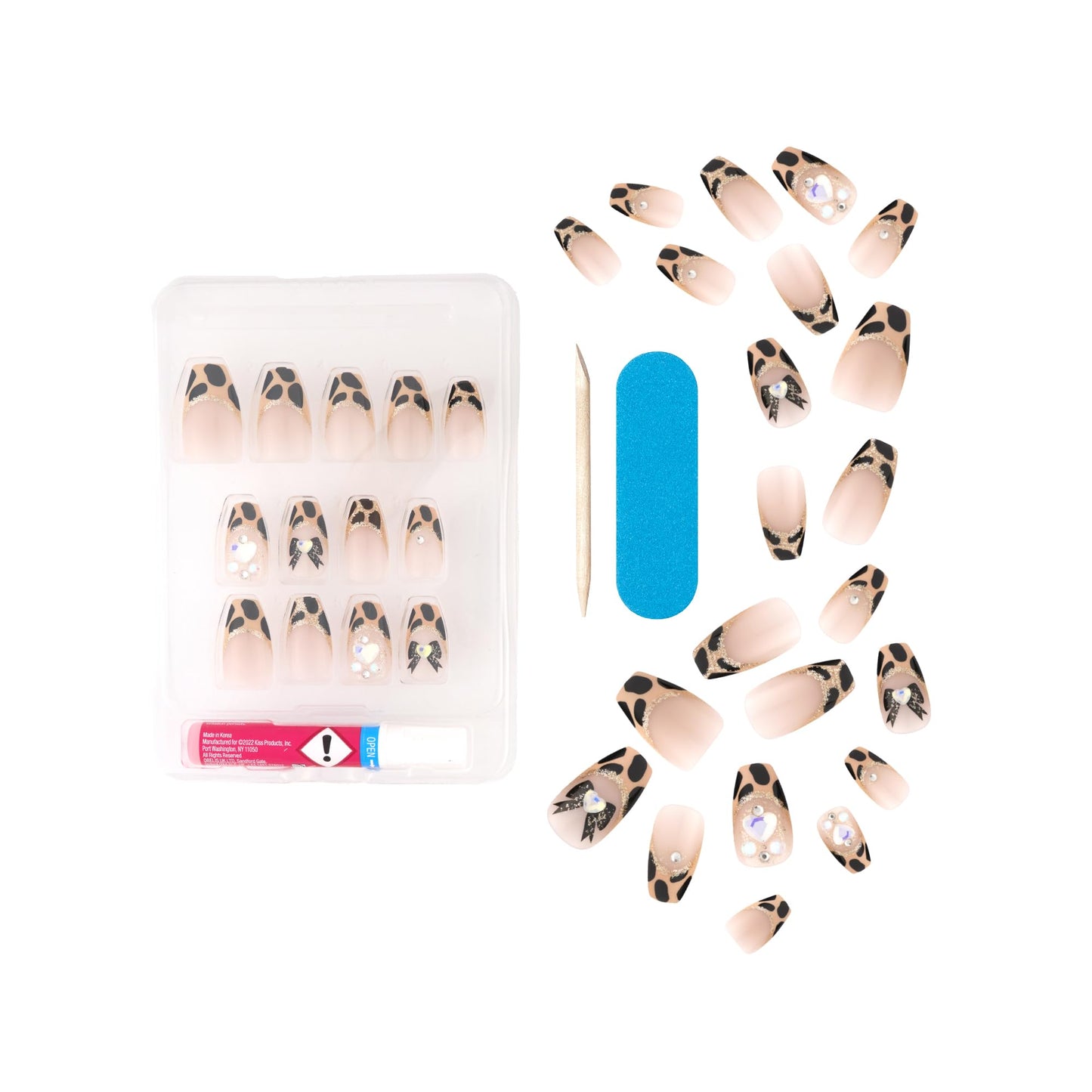 KISS Majestic, 30 Pcs Press On Nails, Medium Coffin Fake Nails, Animal Print Glitter French Tip with Bows, Reusable Stick On Extensions Full Cover Kit with Glue, Adhesive Tabs, Manicure Stick & File