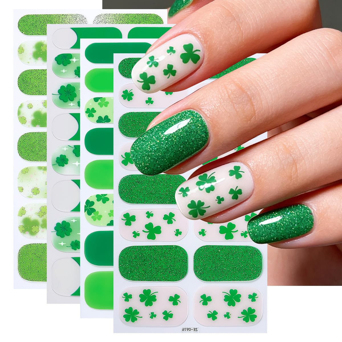 4 Sheets St Patrick’s Day Gel Nail Stickers for Nail Art Shamrock Gel Nail Polish Strips Green Clover with Glitter Design Green Irish Stickers Full Wrap Gel Nail Strips Sticker for Manicure Salon