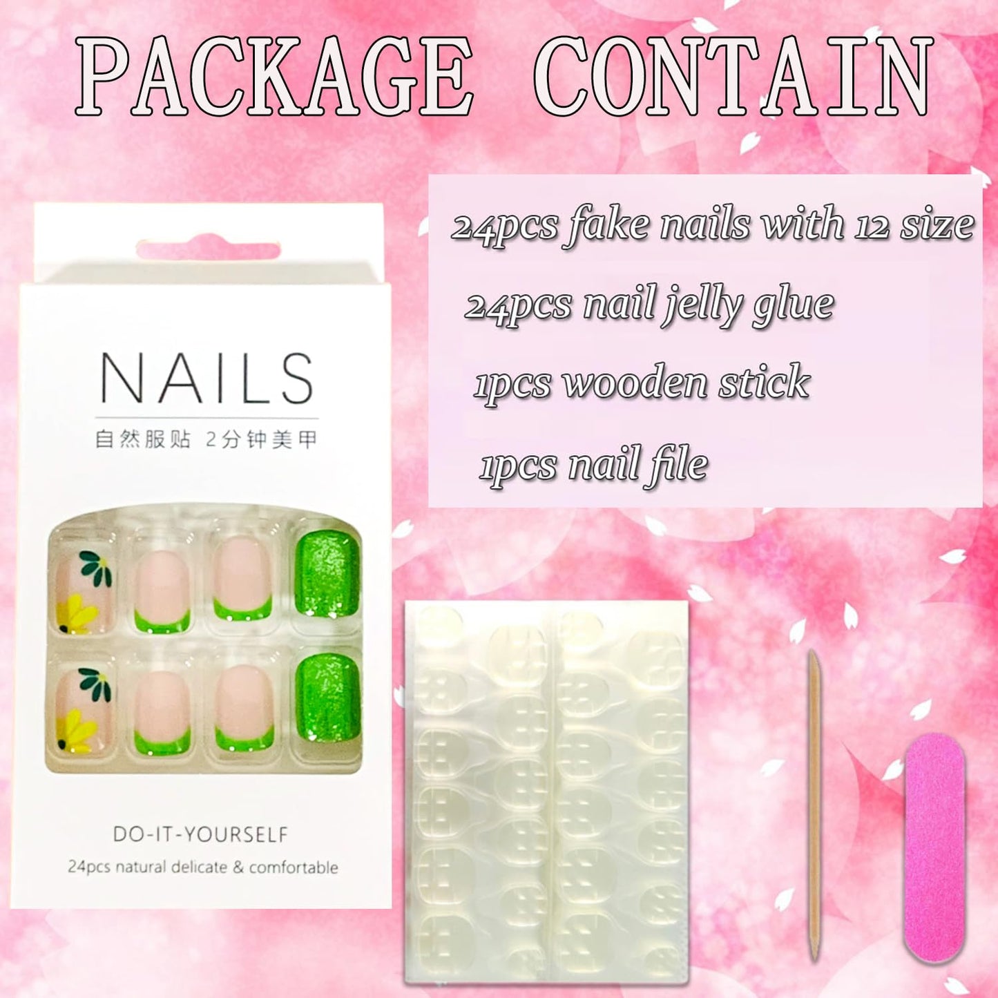 Vezocim Flower Press on Nails Oval Shapes, 24Pcs Green Short Artificial Fake Nails with Green Floral Designs, Full Cover Glossy Acrylic False Nails, Stick on Fingernails for Women Girls(W1097)