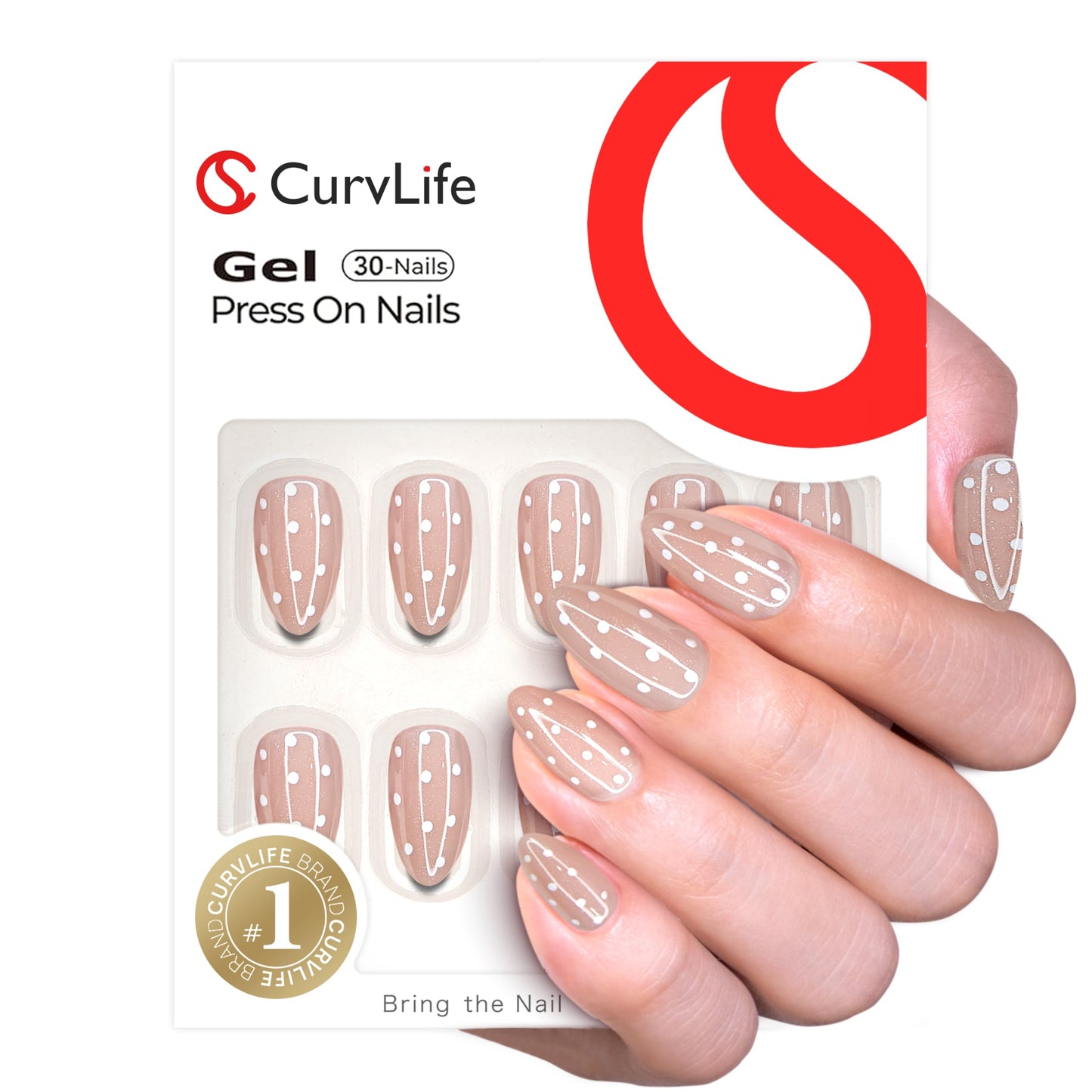 CurvLife Almond Press On Nails Medium – 30Pcs Soft Gel Almond Fake Nails, Dotted Milk Glow Reusable Glue On Nail Kit with Adhesive Tabs, Natural Fit & Salon-Quality for Women & Girls