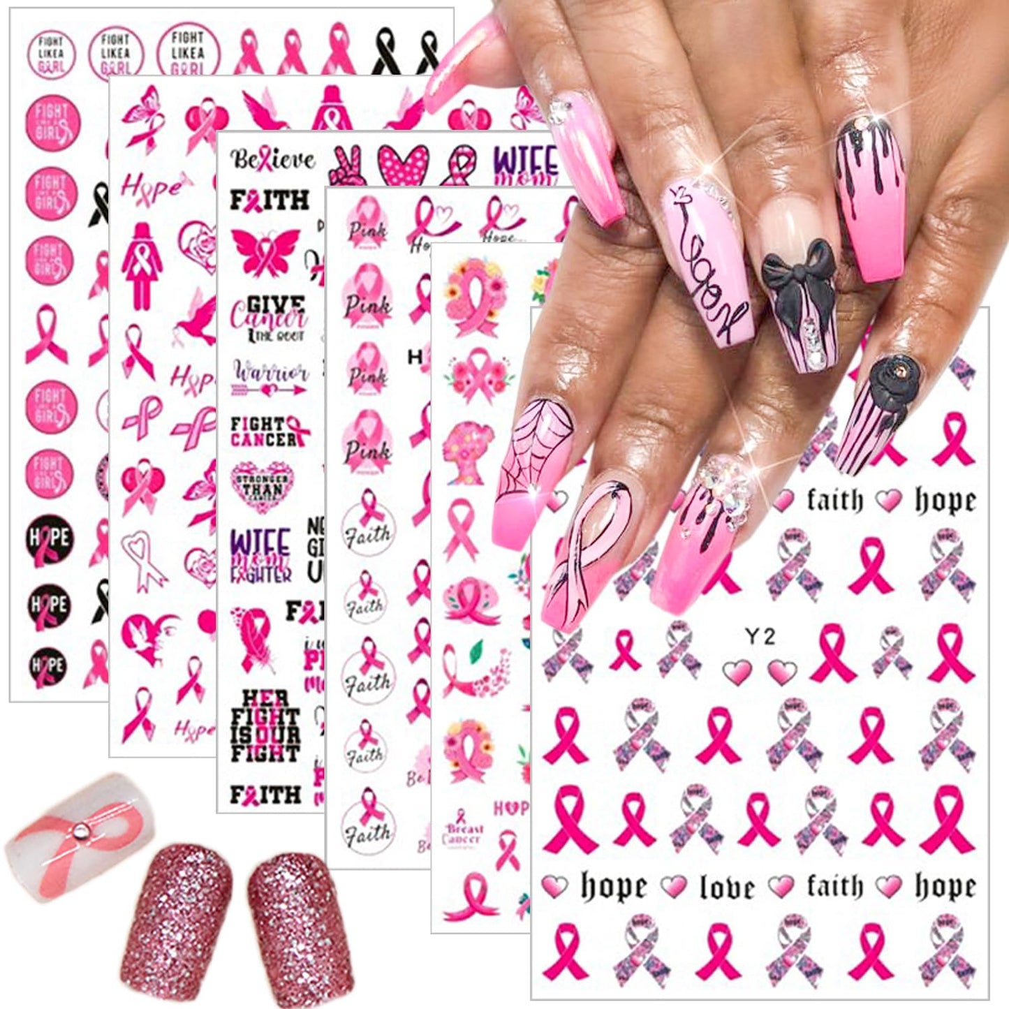 6Sheets Breast Cancer Awareness Nail Stickers - Self-Adhesive Pink Ribbon Decals for Women - DIY Nail Art Design Supplies with 'Love Heart' & 'Letter' Themes