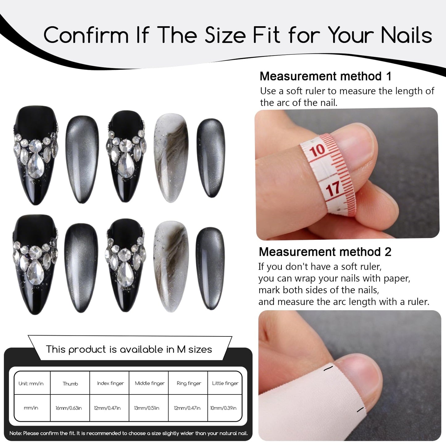 SILPECWEE 10PCS Almond Press On Nails, Black Cat Eye Fake Nails Crystal Rhinestone Nail Charms Medium Handmade Acrylic Press On Nails for Women Gel Flase Nails Manicure Supplies