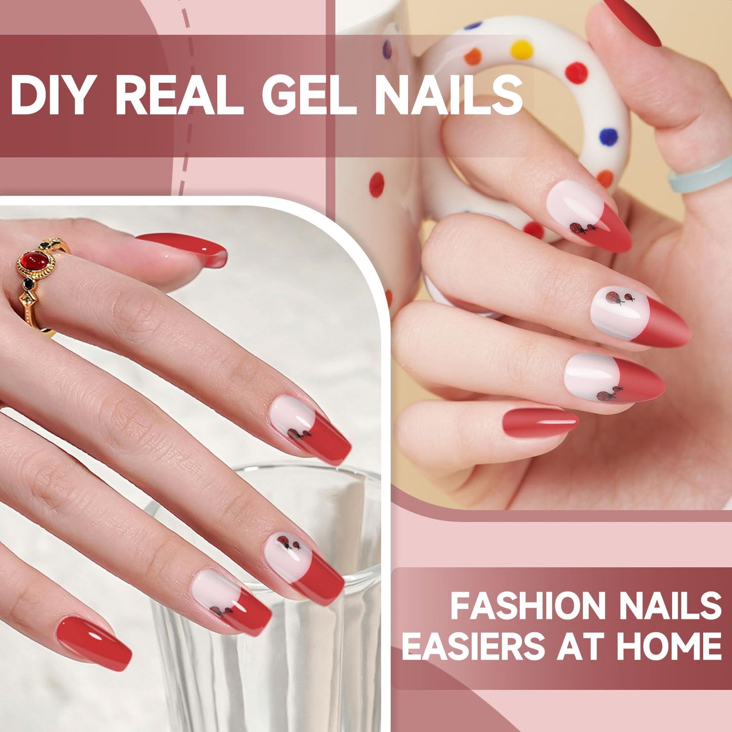 DUKASOU Semi Cured Gel Nail Strips, 56Pcs French Tip Nail Art Stickers/Wraps, Long Lasting UV Nail Polish Strips for Adults(French Tip Red Beetle+Yellow Bee)