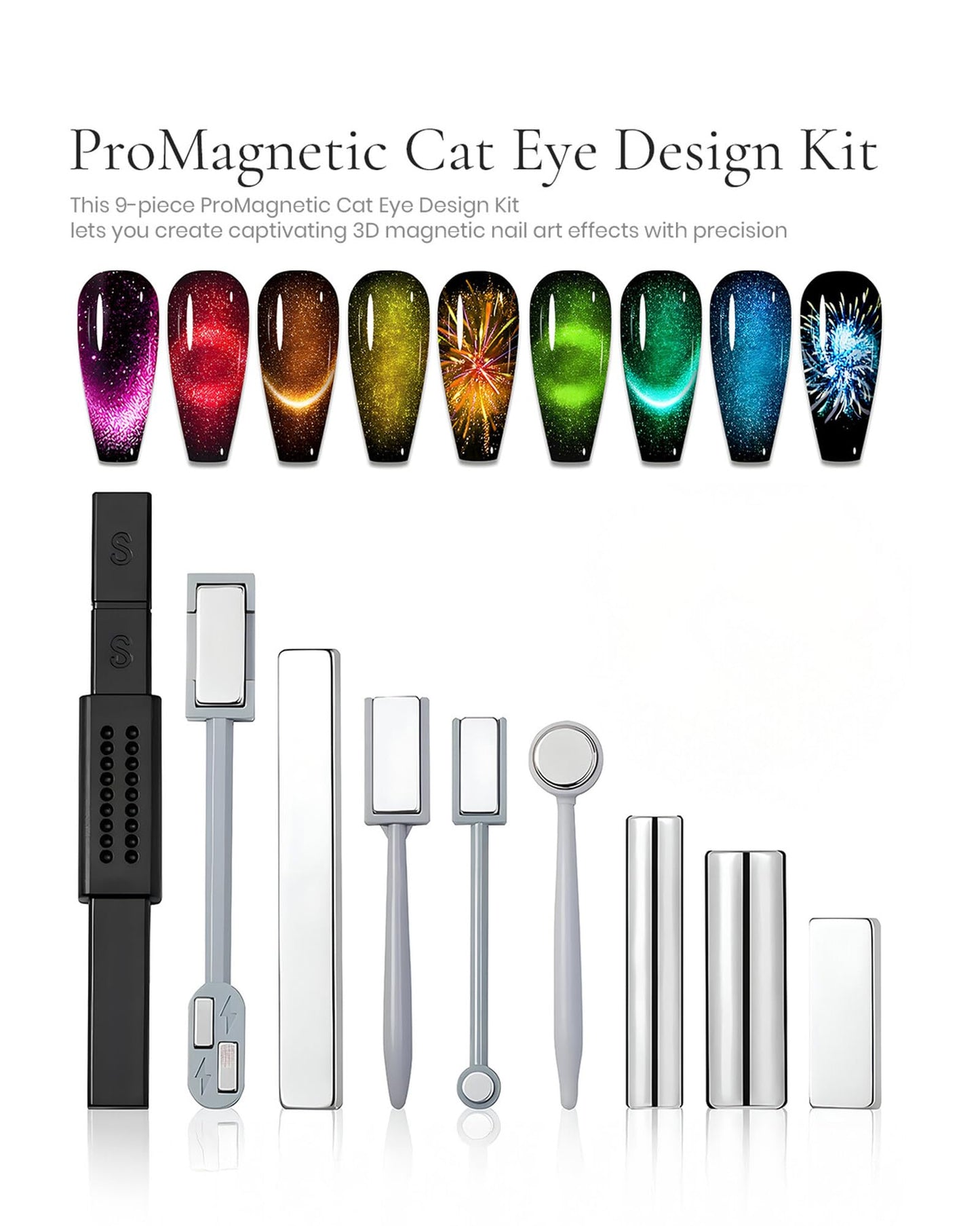 ProMagnetic Cat Eye Design Kit, 9-Piece Magnetic Nail Art Tools, Reusable, Multiple Pattern Styles, For Use with Magnetic Cat Eye Gel Polishes | RUBY VIBE CO
