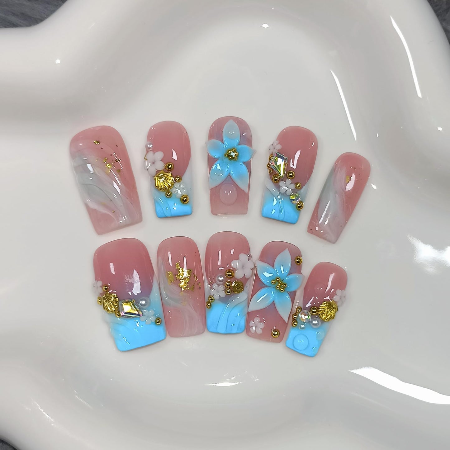 TENPAL Squoval Press on Nails - Blue Pink Ombre with 3D Floral Shell Relief | Reusable Icy Glossy Fake Nails with Tools | Everyday Elegant French Ocean Sky Blue Glue on Nails for Women Girls(S）