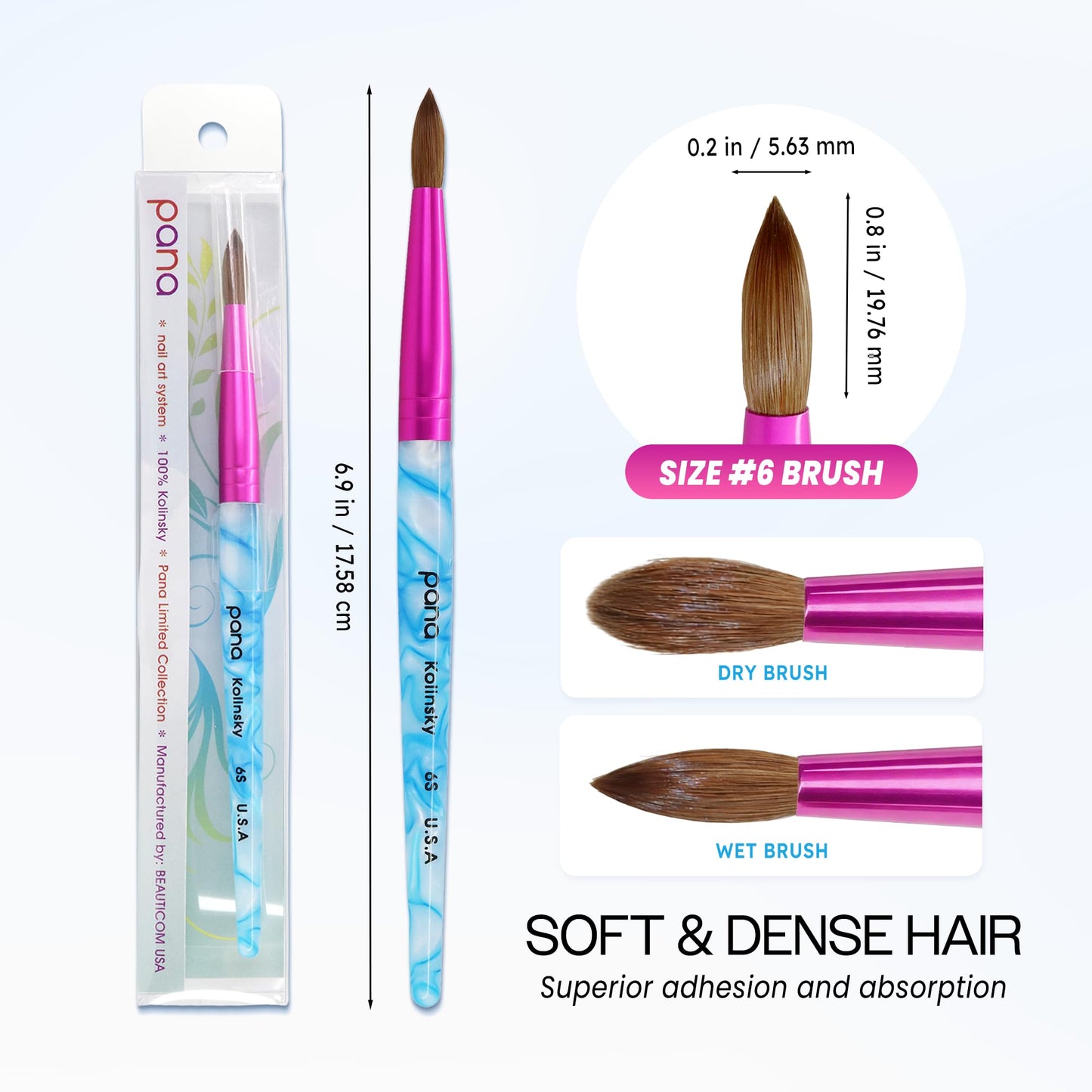 PANA Pure Kolinsky Hair Acrylic Nail Brush - Round Shape Pink Ferrule with White Swirl Blue Handle (Size 6) - Nail Brush for Acrylic Nail Application, Nail Extension, Manicure Pedicure Salon Beginner
