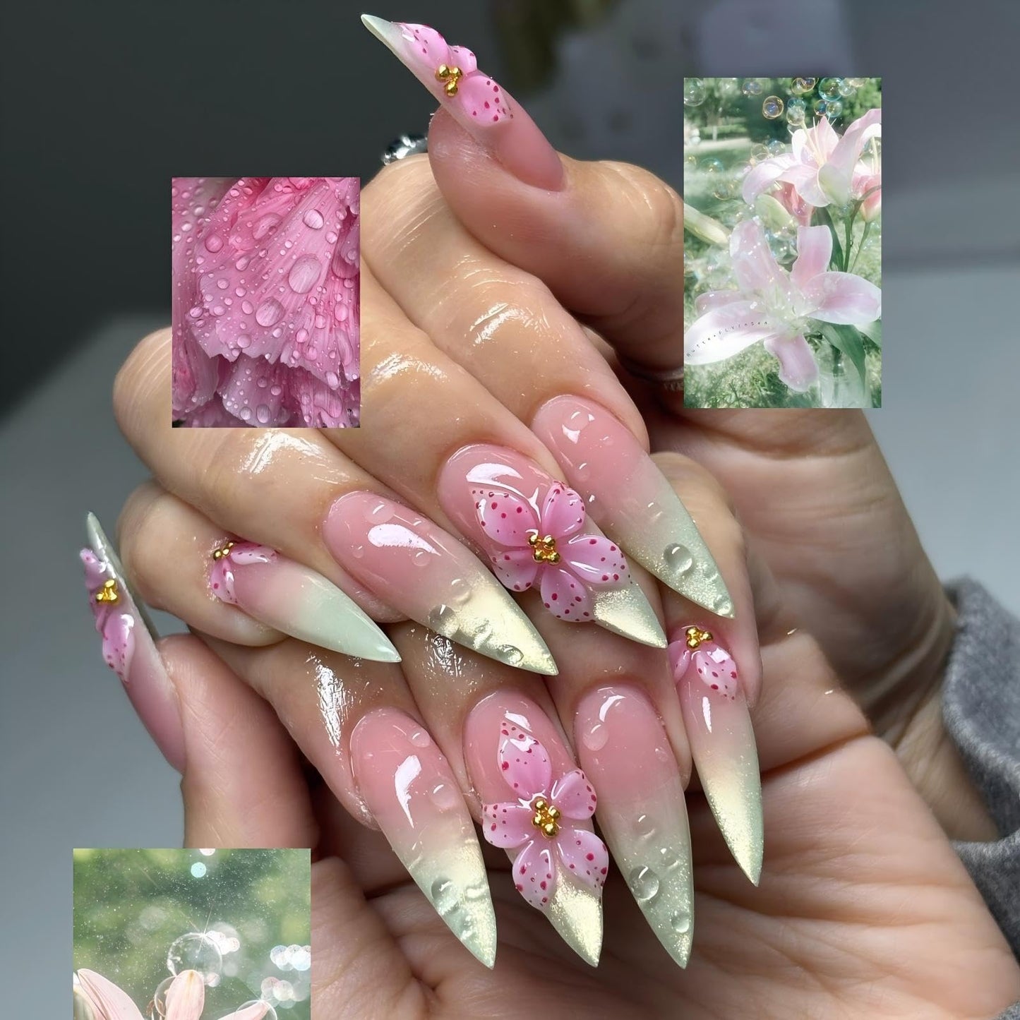 Handmade Press on Nails Long Almond Tip Fake Nails Summer 3D Flowers Design Nails Press Ons with Glossy Cat Eyes Reusable False Nails Luxury Full Cover Stick on Nail for Women Manicure 10Pcs (Size M)
