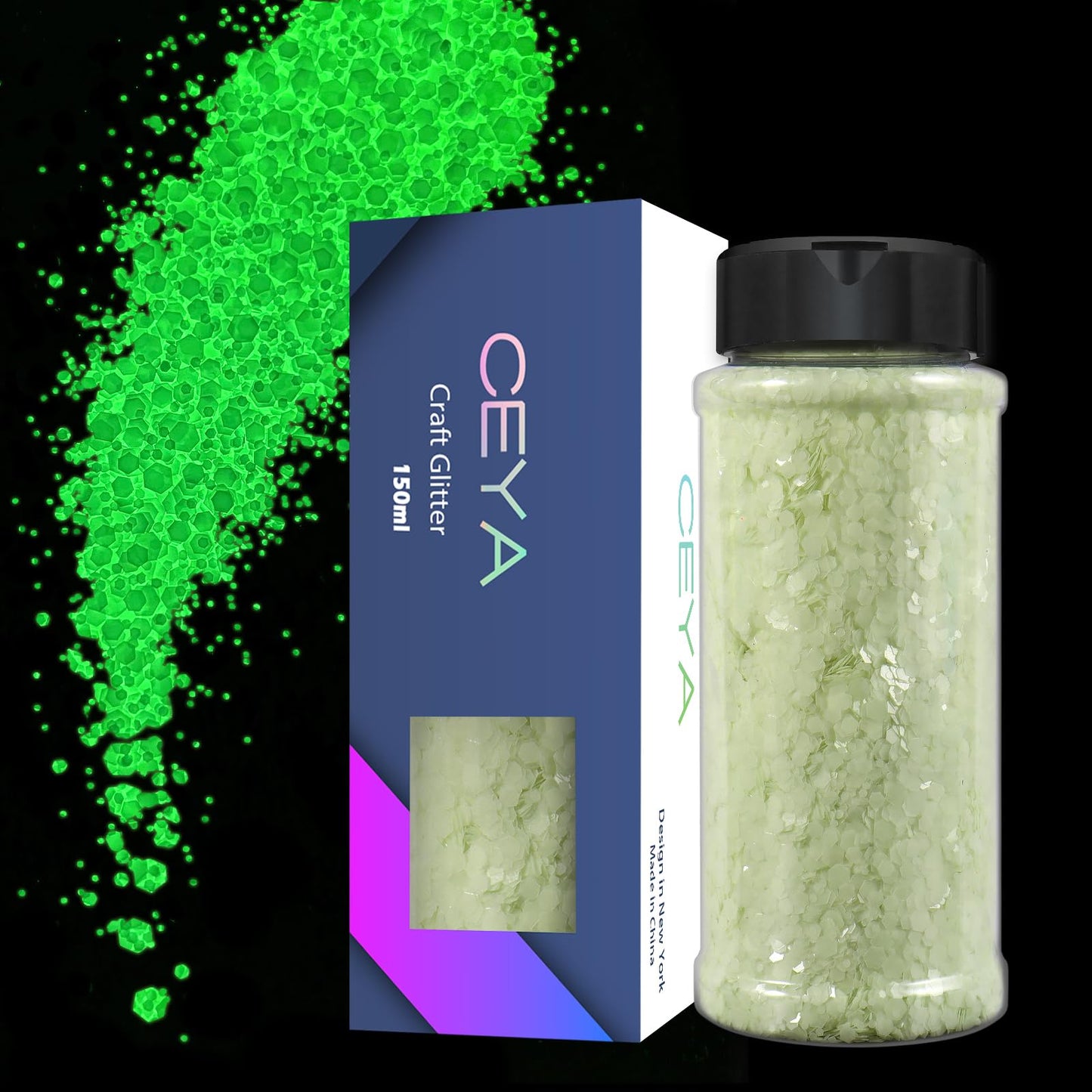 Ceya Glow in The Dark Glitter, 2.8oz/ 80g White Luminous Chunky Glitter Mix Fine Powder Flakes Fluorescent Nail Sequins for Epoxy Resin, Tumblers, Halloween Party, Festival Decor