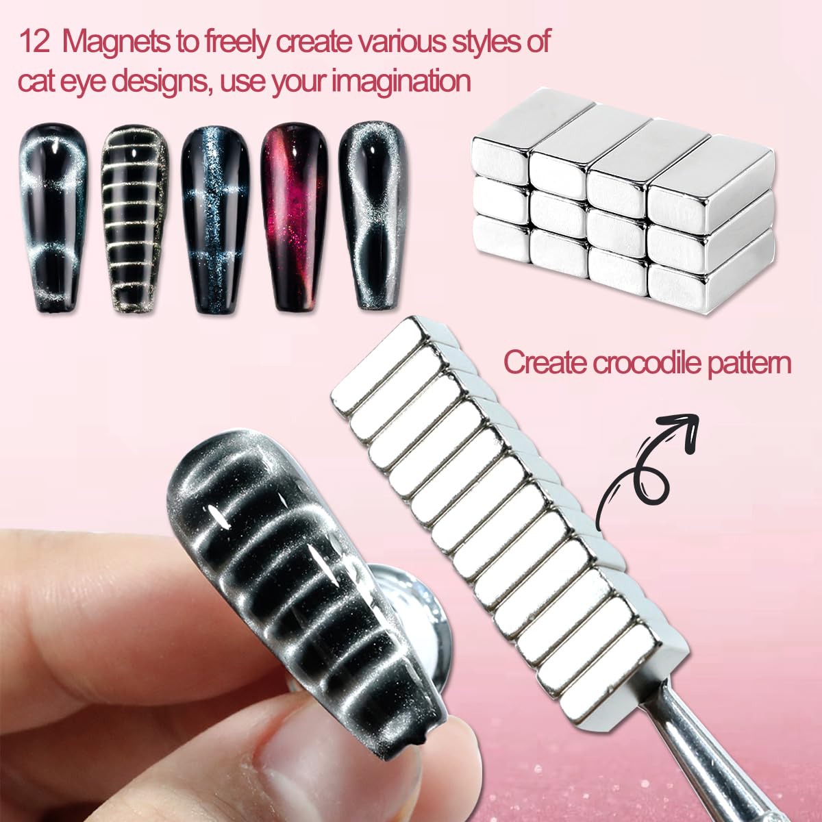 Cat Eye Magnet for Nails, Double-Head Cat Eye Nail Magnet Set with Round Magnet Beads, French & Heart-Shaped Nail Magnetic Guides Bead-Attracting Nail Magnets Pen for Nail Art Design