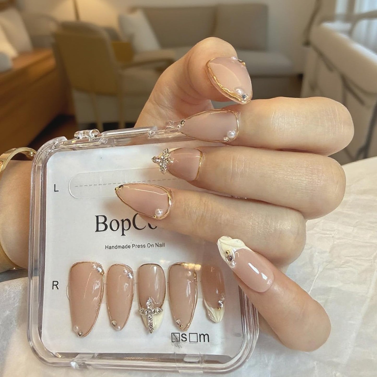 Luxury Handmade false nails，3D Gold French Cross Press-On Nails – Medium Almond Shape False Nails with Rhinestone Embellishments, Elegant Reusable Stick-On Nails(10PCS-M)