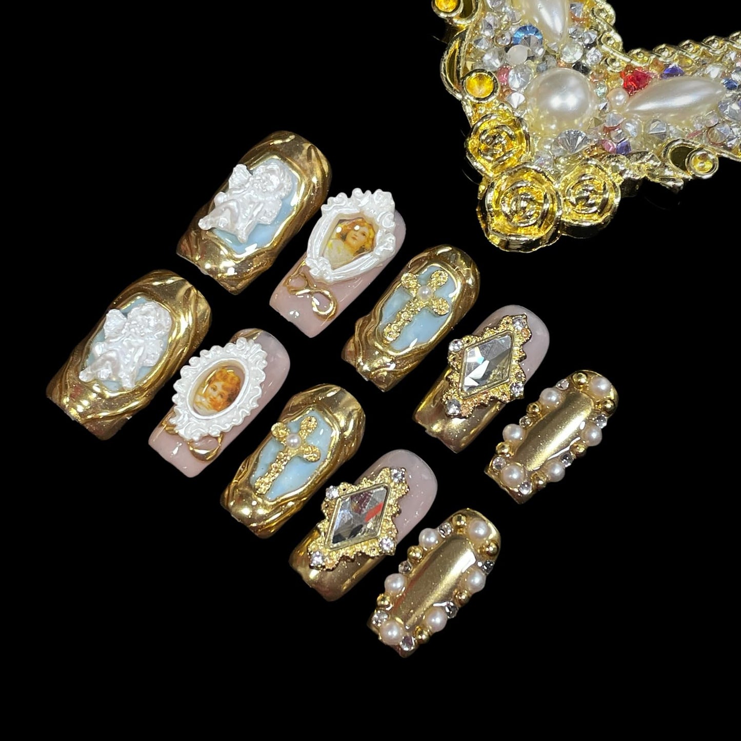 Handmade Press On Nails Luxury Baroque Gold Cross, Cherubs & Pearl Frames | Medium/Short Square | Reusable Thick Acrylic False Nails (Baroque, M)