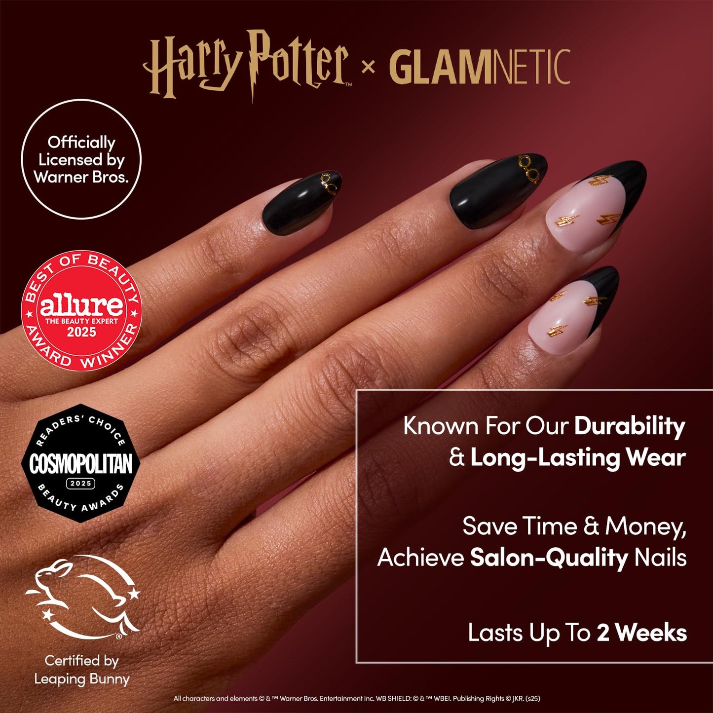 Glamnetic Press On Nails x Harry Potter™ - Harry Potter™ | Short Almond Fake Nails with Black French Tips, Glasses & Hidden Lightning Details, Officially Licensed | 15 Sizes - 30 Nail Kit with Glue