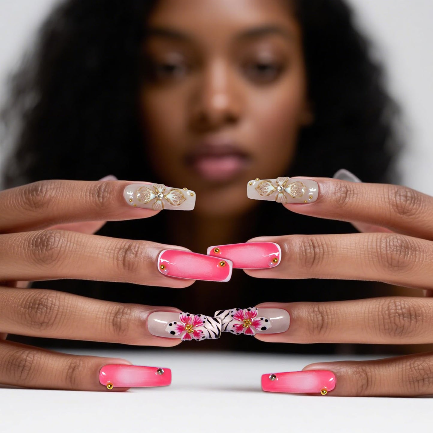 Vanpaga Press On Nails Medium Square Handmade Fake Nails Artistic Design 3D Thick Acrylic and Muti-Layer Gel False Nails Reusable Acrylic Fake Nails for Parties & Daily