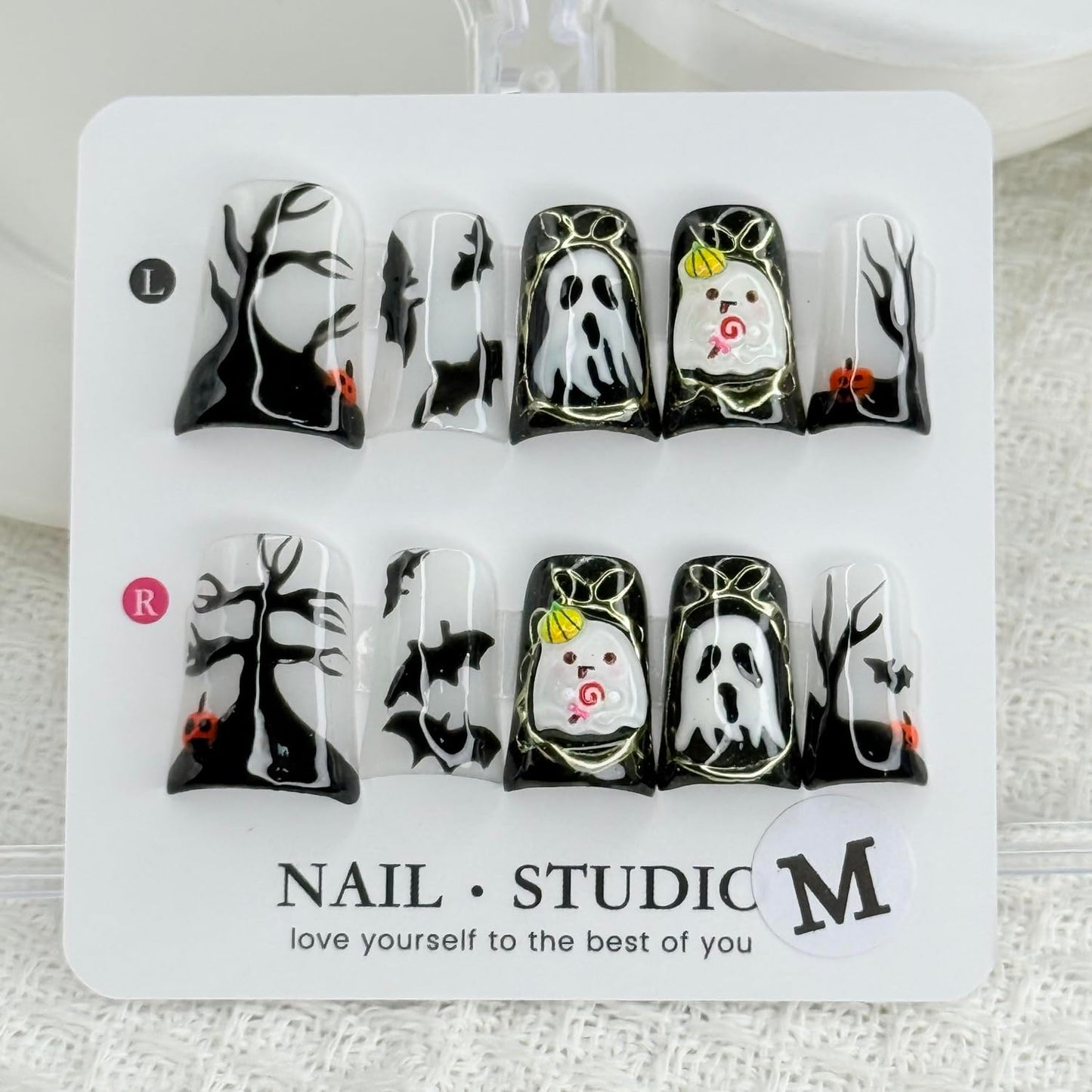Halloween Press on Nails Ghost Press on Nails Short Duck Fake Nail with Pumpkin Head Bat Designs Handmade Full Cover Glitter Halloween Glue on Nail for Women Girls (Size S)