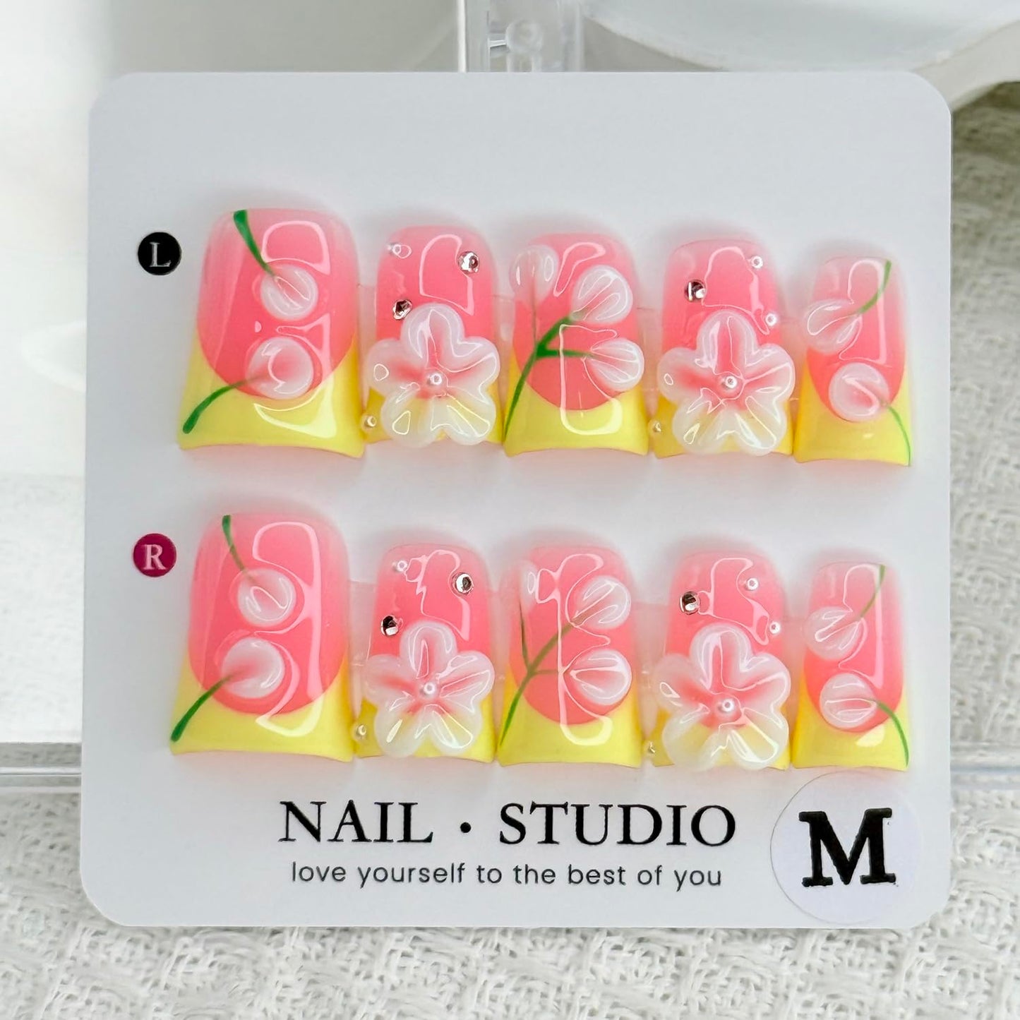 Handmade Press on Nails Yellow French False Nails Short Duck Shaped Fake Nails Flower Acrylic Nails Full Cover Reusable Flower Rhinestones Fake Nails for Women Girls Accessories (Size M)