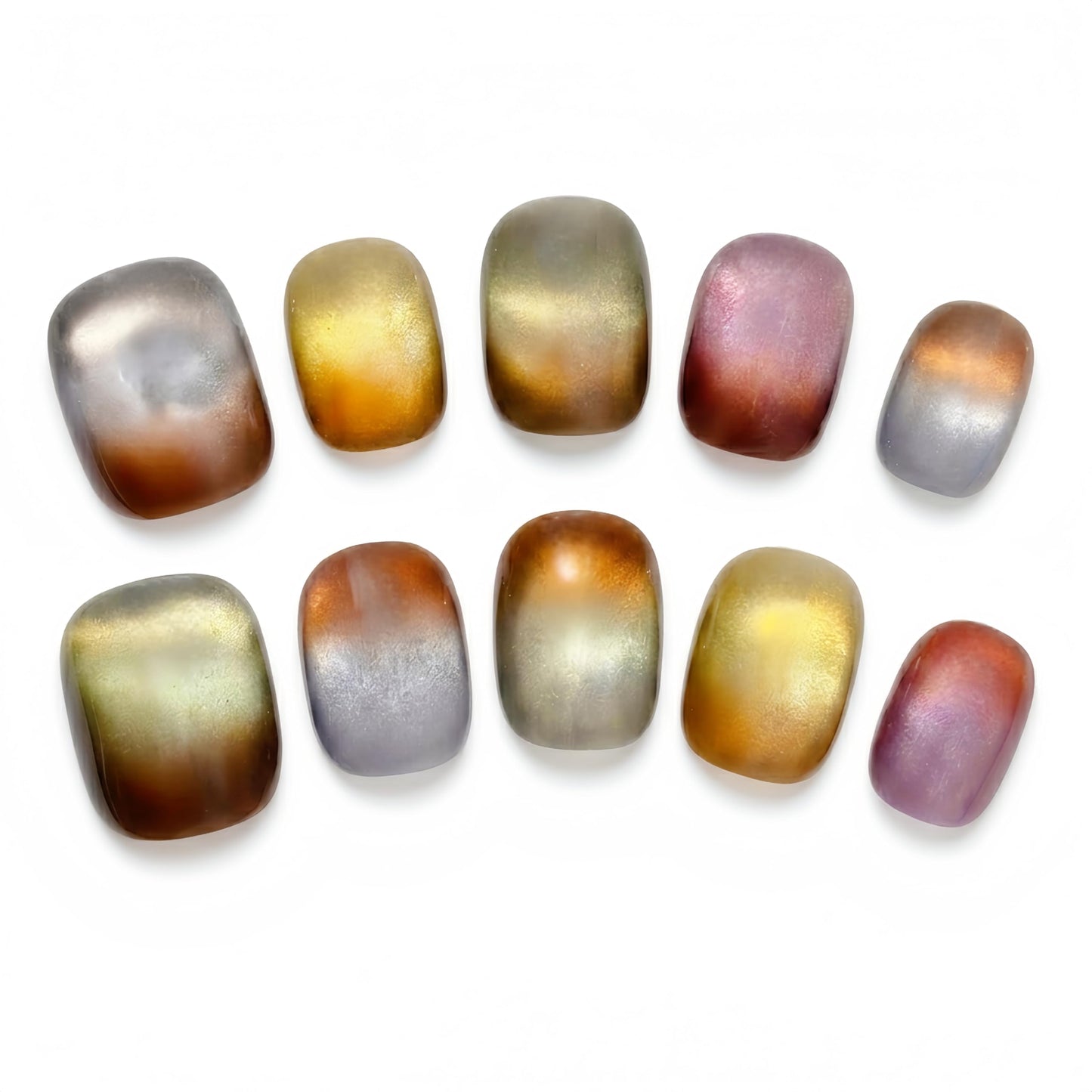 Fine Point Velvet Macchiato Press-On Nails, Short Squoval Glassy Velvet Cat Eye Chrome Ombre Handmade Reusable Nails, Color Blended Mauve Gold Silver Brown Metallic Neutral 10 PCS (Size Medium)