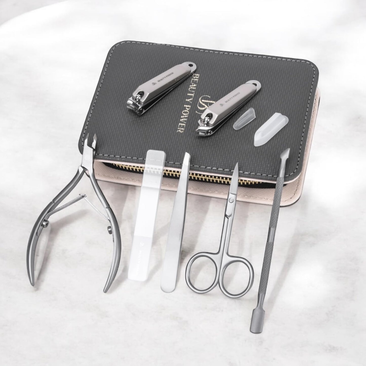 Beauty Power Manicure Pedicure Set 7-in-1 Stainless Steel, Ultra Sharp, Slanted Nail Clipper, Fingernail Clipper, Cuticle Nipper, Glass Nail File, Eyebrow Tweezers, Scissors, Case - Gift Idea - Gray