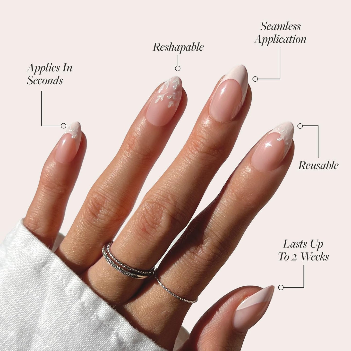Glamnetic Press-On Nails Bundle - All Time Love & Fairy Dust | Short Almond Fake Nails with French Tips and Leaf Accents | Short Oval Beige-Pink False Nails with a Metallic Finish | Reusable, Salon-Q