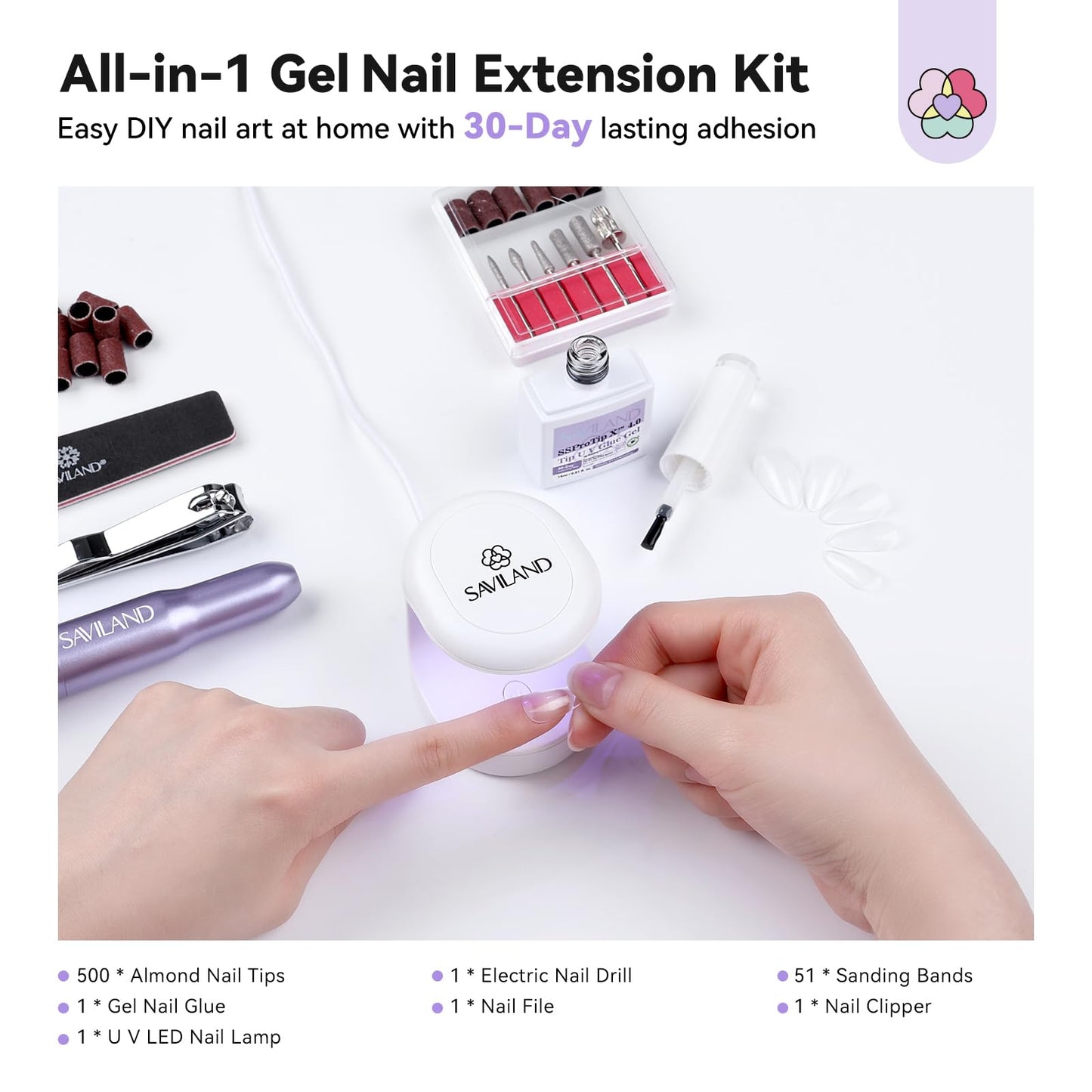SAVILAND Pro Gel Nail Kit with Drill: Short Almond Tips 12 Sizes Gel Nail X Kit 500 PCS Strong Nail Glue U V Nail Lamp for Nail Extension Salon DIY Home Gift for Women