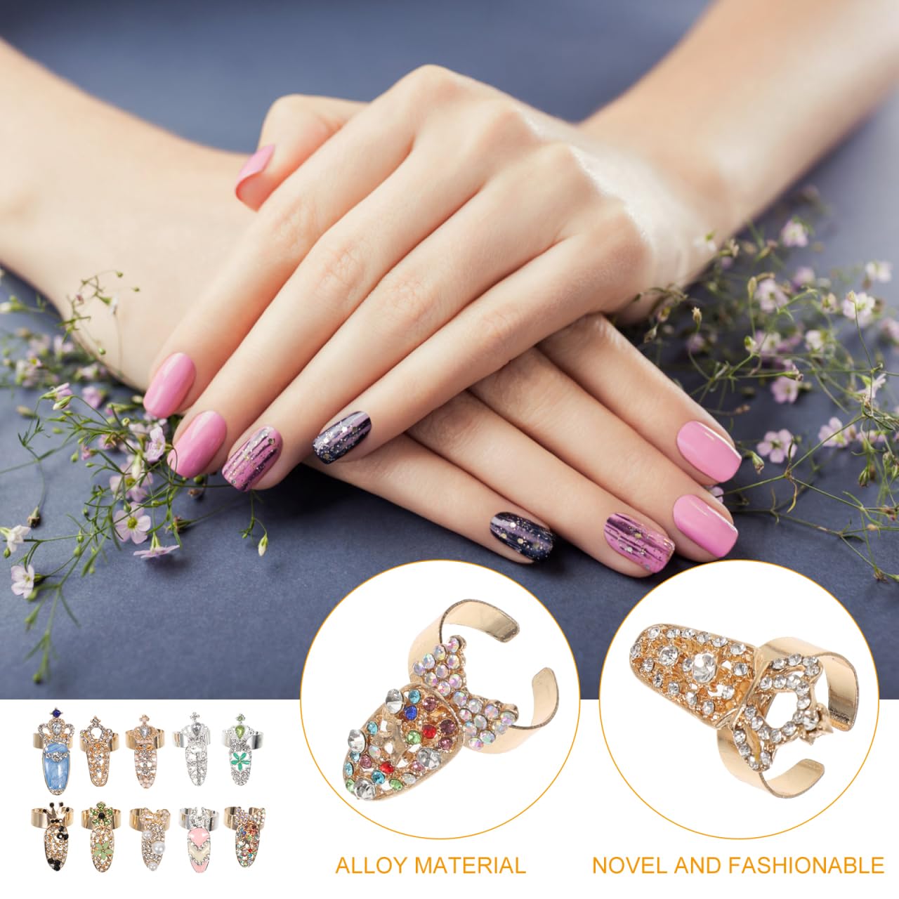 KALLORY 10pcs Ring Punk Full Finger for Flower Crystal Rings Nails Art Jewelries Opening Cap Fingernail Alloy Cover Halloween Christmas Nail Loop Girls Bow Tip Decoration