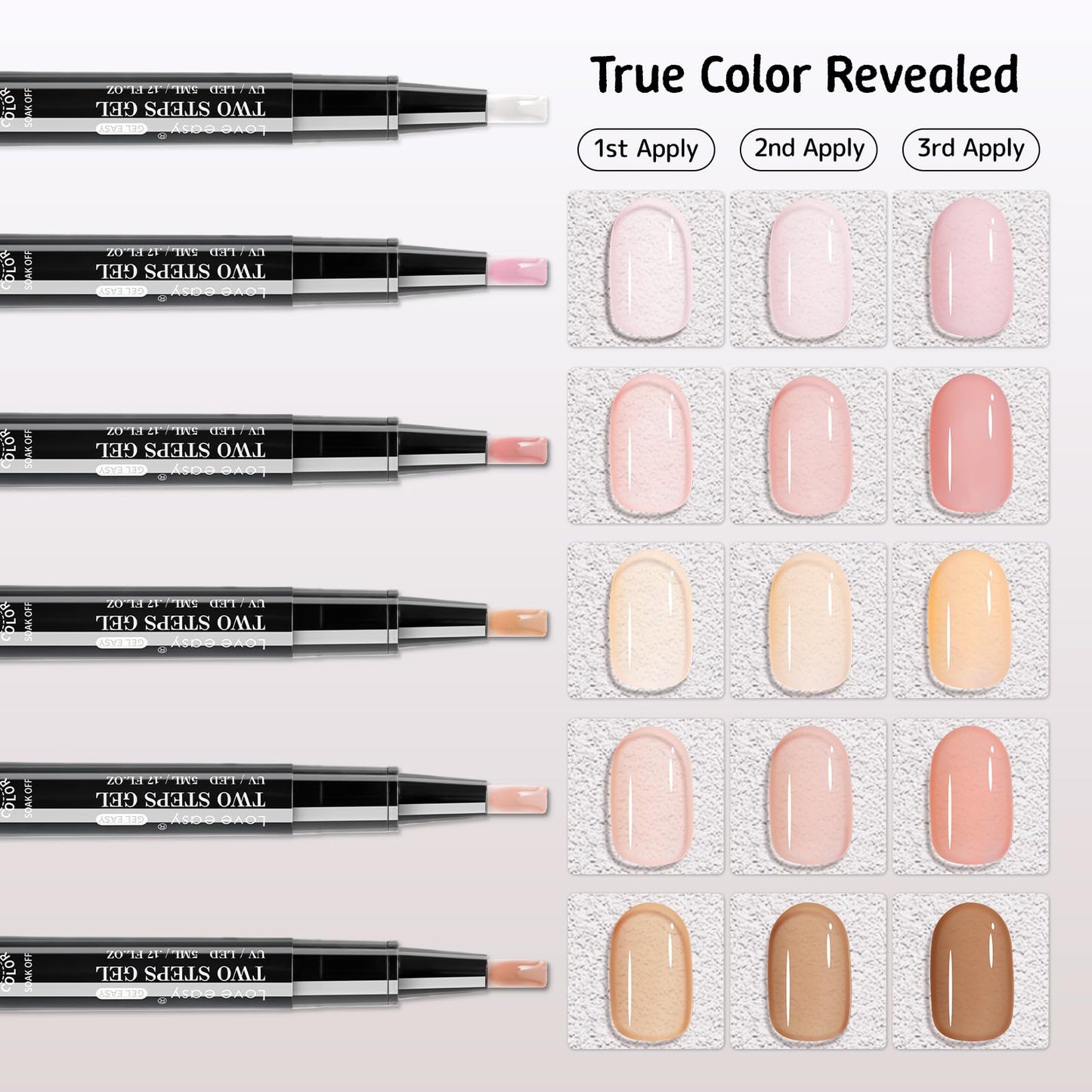 Love easy 2 Step Nail Polish Pens Set, 6 Pcs Nude Natural Color Builder Base 1 Piece Top Coat Fingernail Toenail Gel Series for Women, Hema Free High Gloss Long Last Portable Ideal Gift (U V Needed)