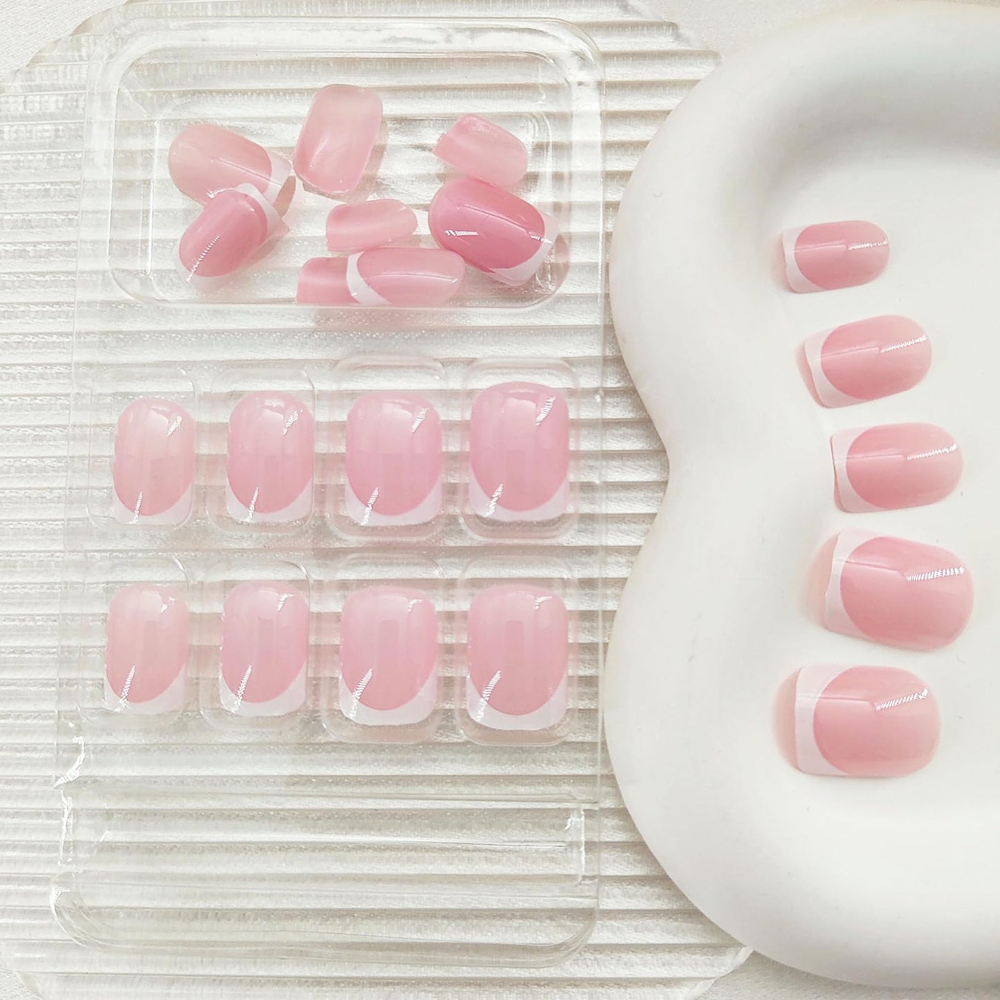 Press on Nails Short Acrylic Fake Nails White French Tip Square Artificial Nails Press ons Pink Full Cover Glossy Stick on Nails for Women Girls 24 Pcs