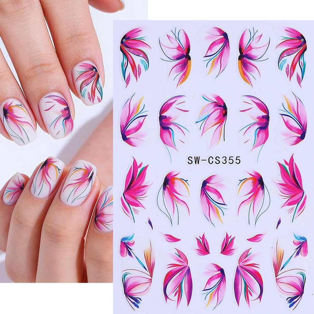 Flowers Nail Art Stickers Retro Cherry Blossom Petals Nail Art Decals 6Sheets 3D Self-Adhesive Lavender Floral Nail Stickers Purple Flower Letter Nail Decals for Women Summer Manicure Decorations