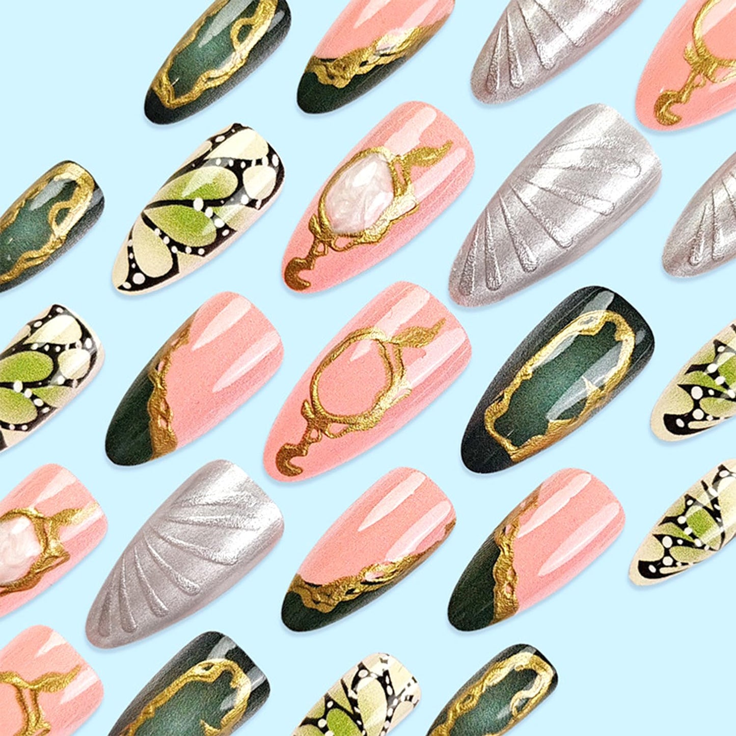 24pcs Almond Press on Nails Medium Length Fake Nails French Tip Press on Butterfly Wings Designs Glossy Chrome Gold Gems Stick on Nails Almond Nails Retro Green Fall Luxury Nail Finger Manicure Kit