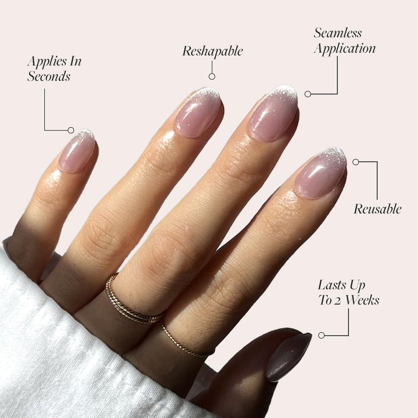 Glamnetic Press On Nails - Fairy Dust | Short Oval Beige-Pink Fake Nails with a Mesmerizing Metallic Finish, Salon Quality | 15 Sizes - 30 Nail Kit with Glue