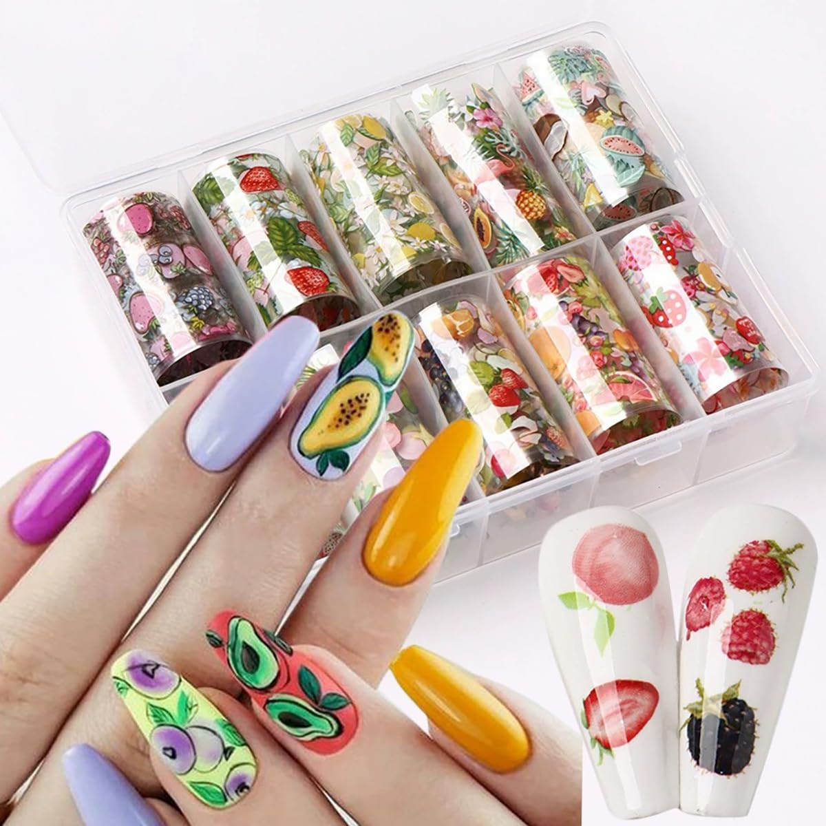 Fruit Nail Art Foil Transfer Stickers Summer Nails Foils Transfer Decals Lemon Strawberry Flower Fruit Nail Decals Nail Art Supplies Starry Sky Paper Nail Adhesive Slider for Women Manicure Decoration