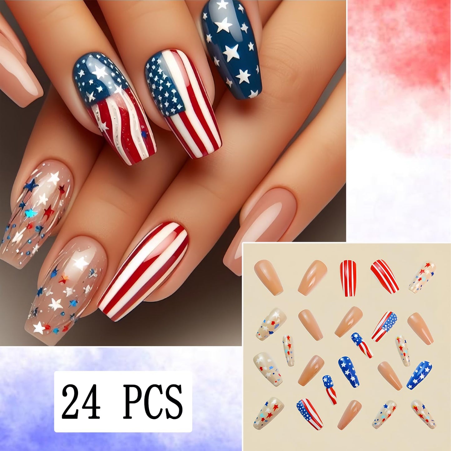24Pcs Independence Day Glitter Stars Press on Nails Medium Square 4th of July Nude Fake Nails American Flag Design False Nails Full Cover Memorial Day Nails for Women Manicure Decoration