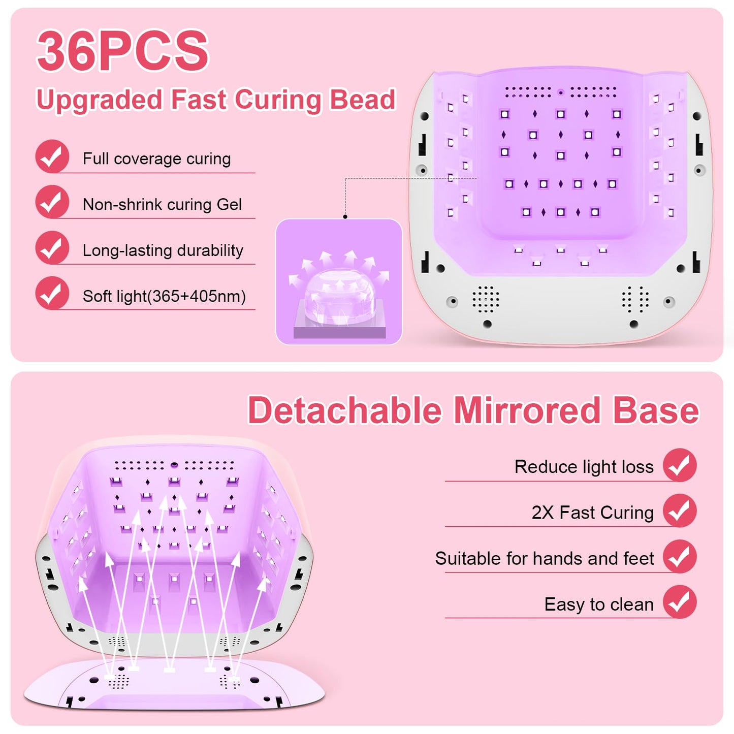 HELIVIVE Cordless UV LED Nail Lamp, 80W Rechargeable Nail Dryer with 4 Timers, Atmosphere Light & Mirror Base, UV Light for All Gel Nails, Ideal for Training,Nail Art Practice,Home & Salon Use (Pink)