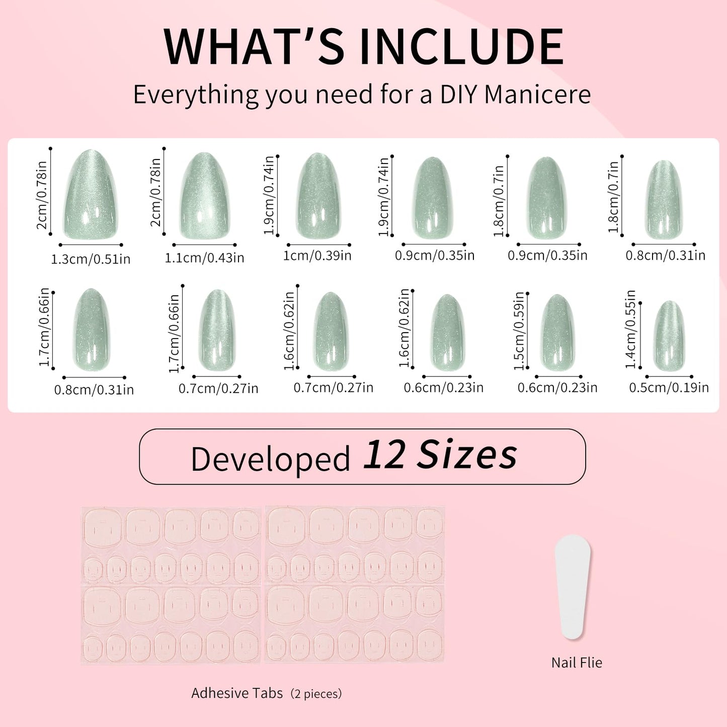 Green Almond Cat Eyes Press On Nails,12 Sizes - 24 Pcs Soft Gel Green Medium Fake Nails Kit with Nail Glue, Natural Reusable Stick On False Nails for Women and Girls SK1026