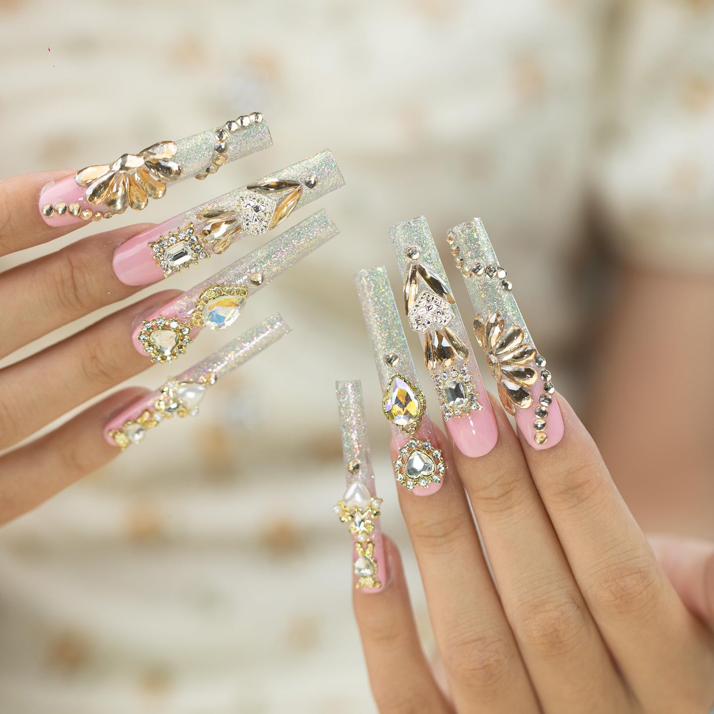 Tmani 10pc/set Extra Long Handmade Press On Nail Hot Girl's Long Ballet Nails Square Nail Full of Diamond Glitter Decoration Fake Nails Suitable For Girls Festival Parties and Birthday Gift(Pink,S)